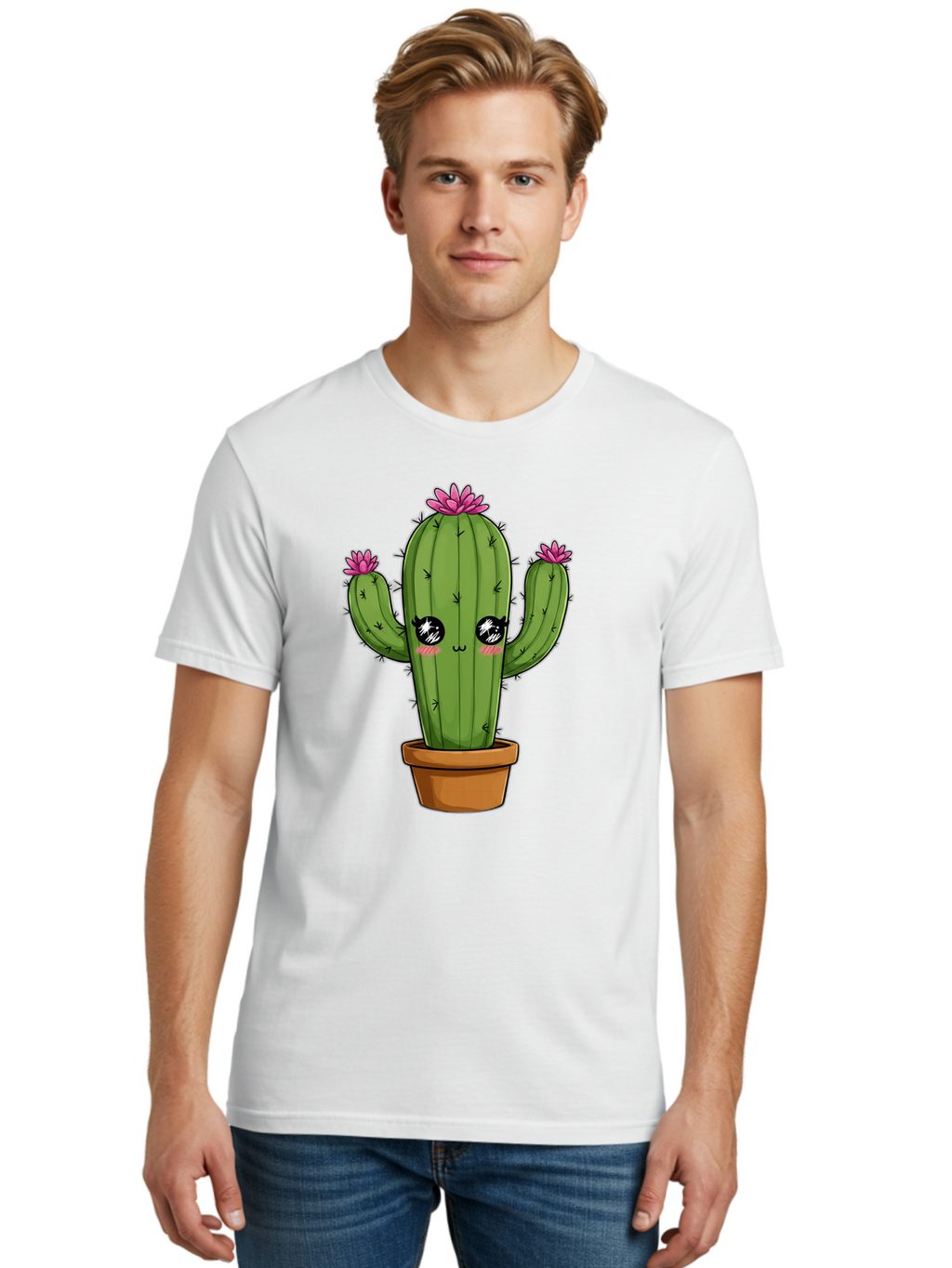 Cactus-Cartoon Men'S Graphic Tee, 100% Cotton, Comfortable Casual Summer Wear, Machine Washable, Cartoon Cactus, Pink Flowers, Terracotta Pot, Kawaii Style, Cute Desert Plant, Floral Cactus, Adorable Character Design, Succulent Illustration Bac732