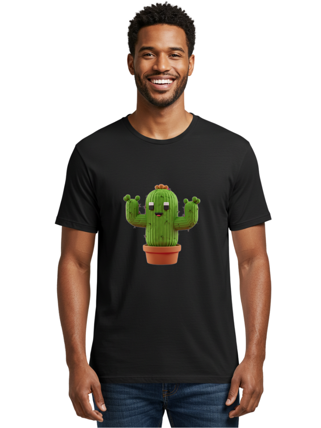 Cactus-Character-1 Men'S Graphic Tee, 100% Cotton, Comfortable Casual Summer Wear, Machine Washable, Cartoon Cactus, Potted Plant, Green Succulent, Anthropomorphic Character, Funny Face, 3D Illustration, Cute Design, Quirky Character, Bac733