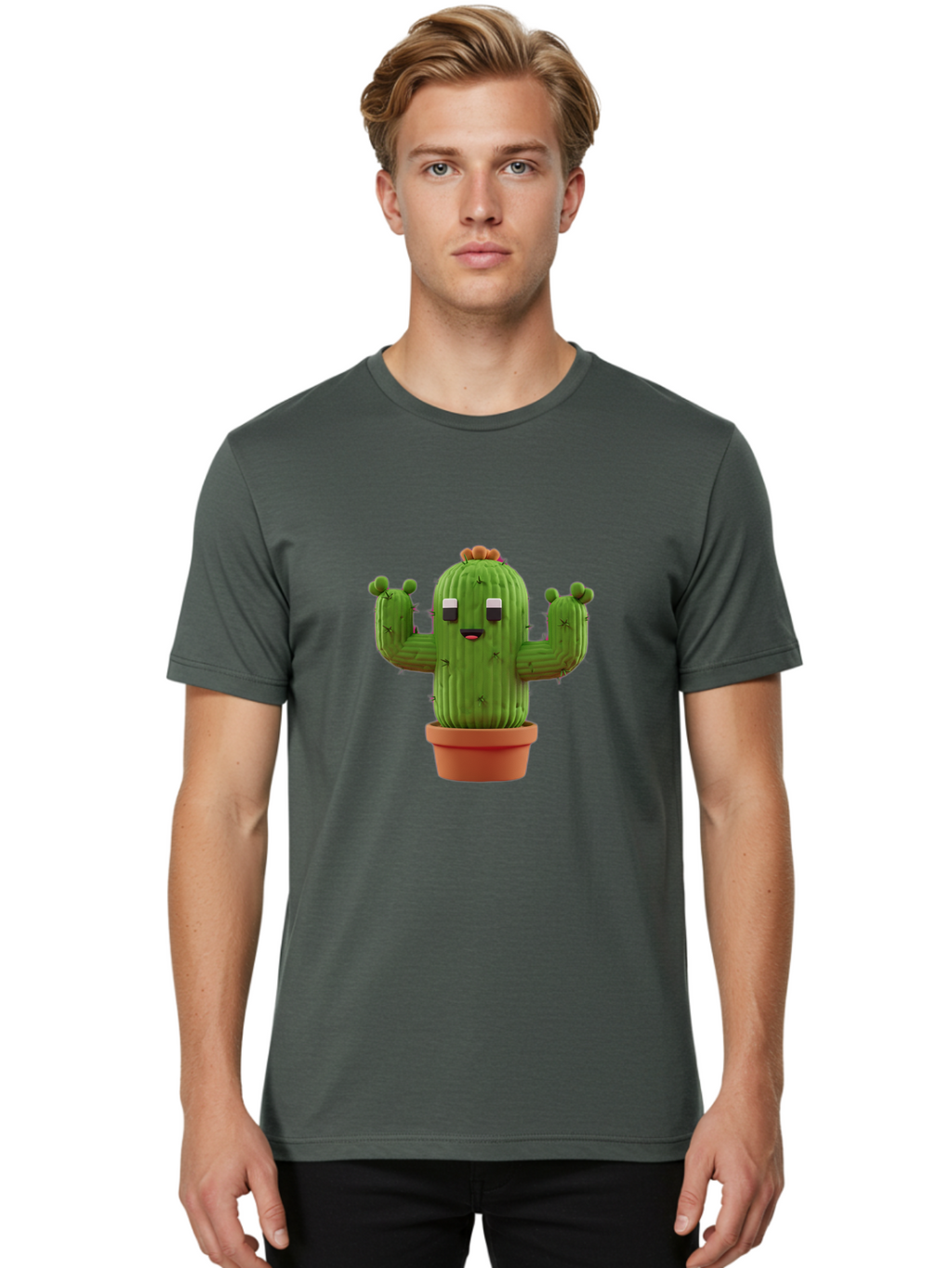 Cactus-Character-1 Men'S Graphic Tee, 100% Cotton, Comfortable Casual Summer Wear, Machine Washable, Cartoon Cactus, Potted Plant, Green Succulent, Anthropomorphic Character, Funny Face, 3D Illustration, Cute Design, Quirky Character, Bac733