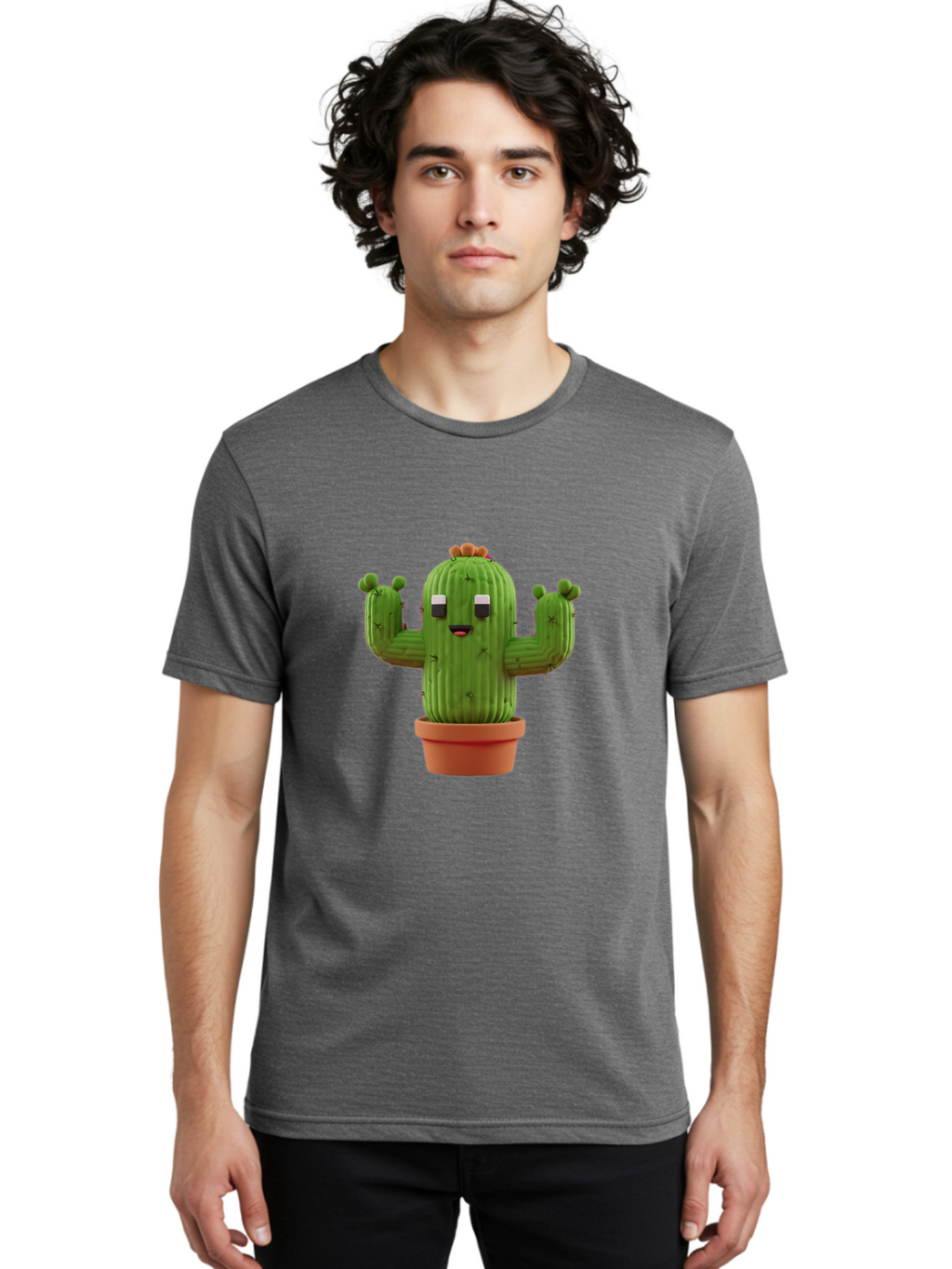 Cactus-Character-1 Men'S Graphic Tee, 100% Cotton, Comfortable Casual Summer Wear, Machine Washable, Cartoon Cactus, Potted Plant, Green Succulent, Anthropomorphic Character, Funny Face, 3D Illustration, Cute Design, Quirky Character, Bac733