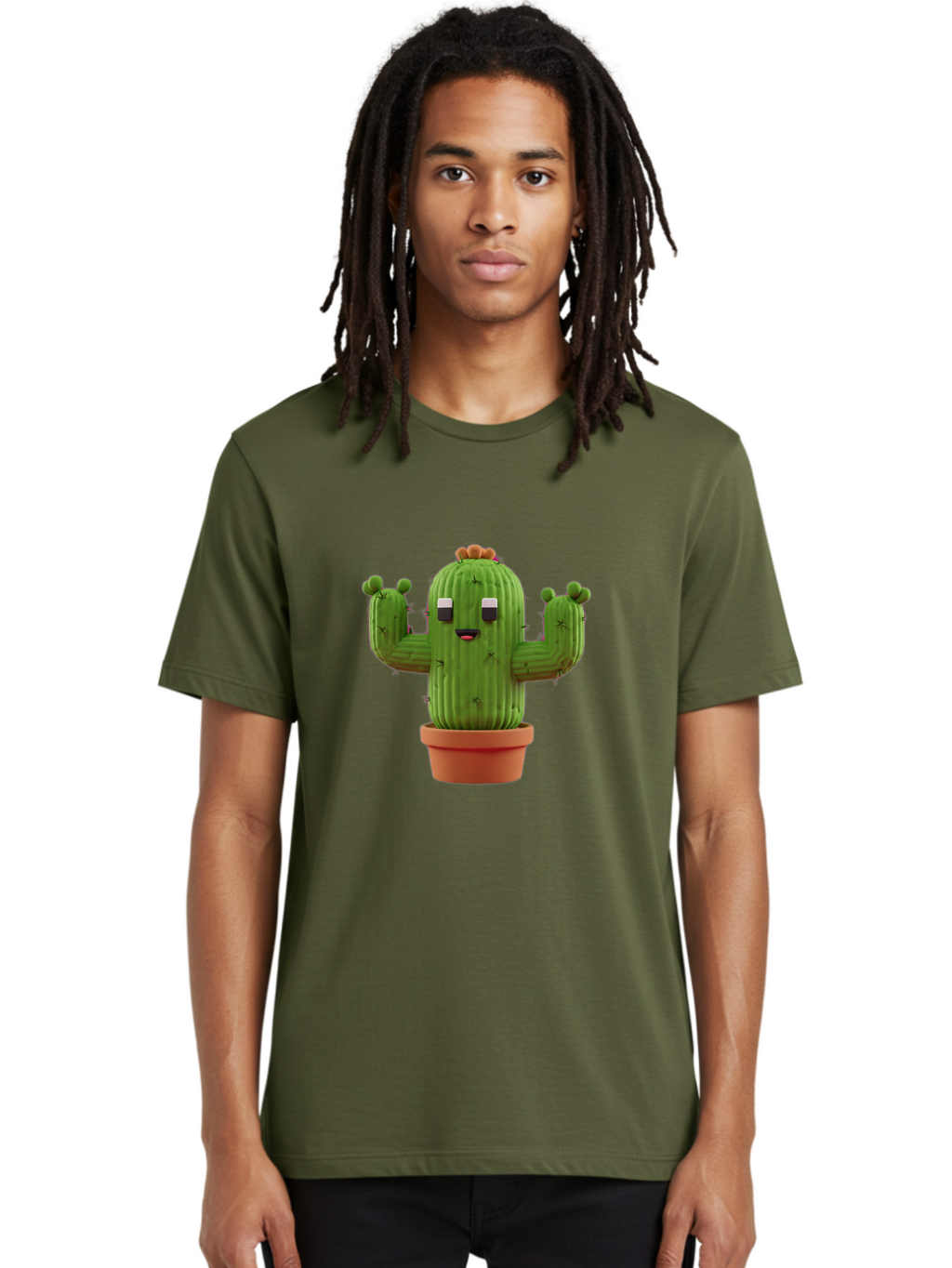 Cactus-Character-1 Men'S Graphic Tee, 100% Cotton, Comfortable Casual Summer Wear, Machine Washable, Cartoon Cactus, Potted Plant, Green Succulent, Anthropomorphic Character, Funny Face, 3D Illustration, Cute Design, Quirky Character, Bac733