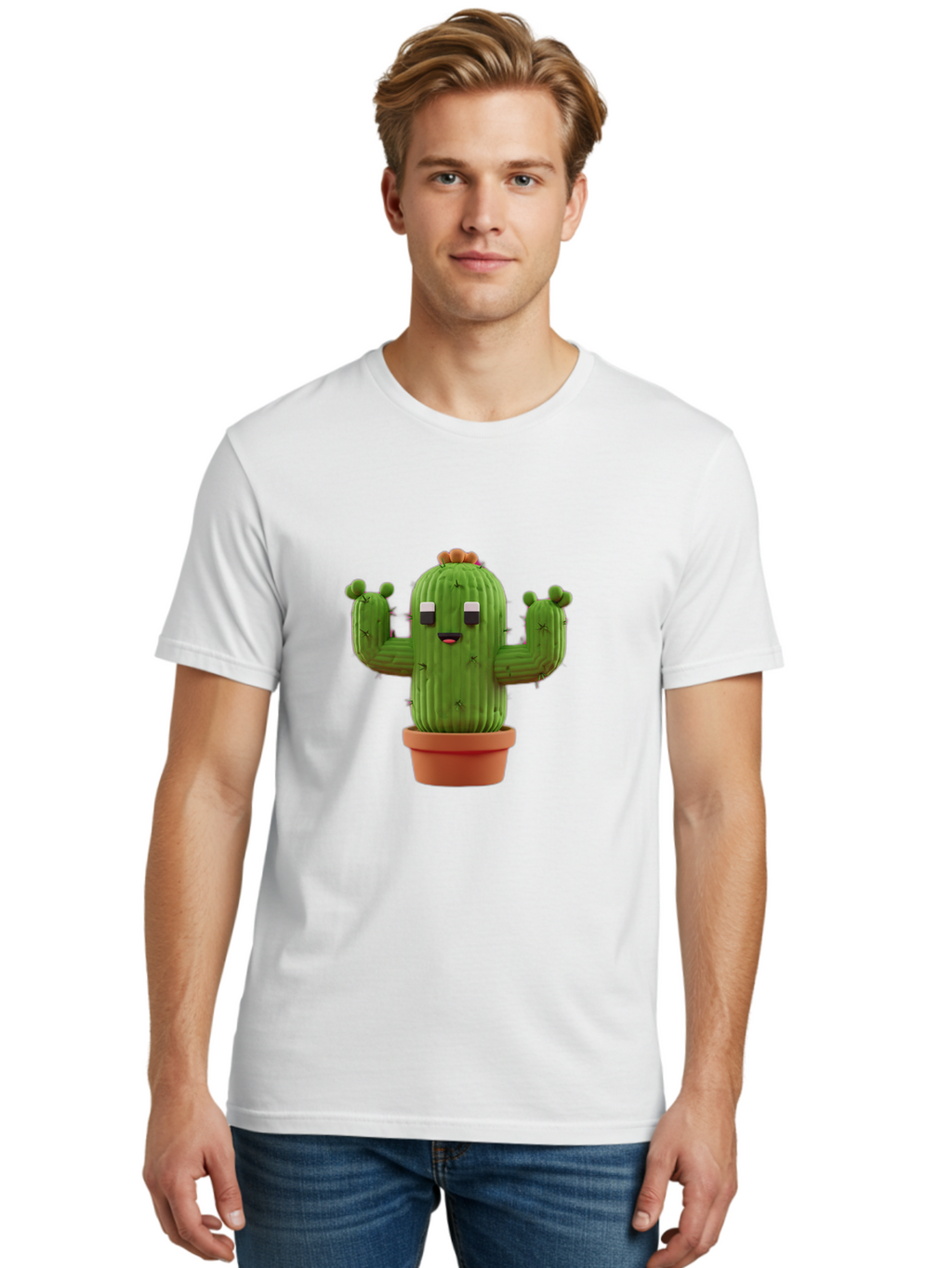 Cactus-Character-1 Men'S Graphic Tee, 100% Cotton, Comfortable Casual Summer Wear, Machine Washable, Cartoon Cactus, Potted Plant, Green Succulent, Anthropomorphic Character, Funny Face, 3D Illustration, Cute Design, Quirky Character, Bac733