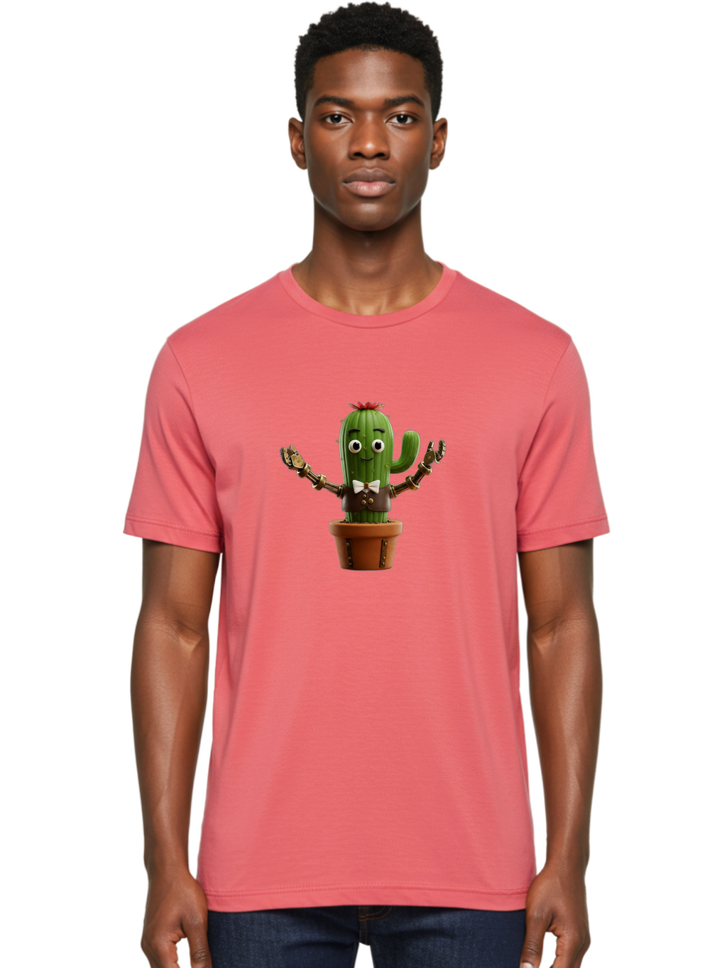Cactus-Character-2 Men'S Graphic Tee, 100% Cotton, Comfortable Casual Summer Wear, Machine Washable, Cartoon Cactus, Robotic Arms, Potted Plant, Funny Character, Cute Design, Animated Character, Cactus In Pot, Robot Cactus, Comedic Relief, Bac734