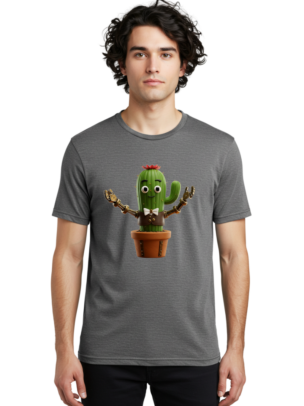 Cactus-Character-2 Men'S Graphic Tee, 100% Cotton, Comfortable Casual Summer Wear, Machine Washable, Cartoon Cactus, Robotic Arms, Potted Plant, Funny Character, Cute Design, Animated Character, Cactus In Pot, Robot Cactus, Comedic Relief, Bac734