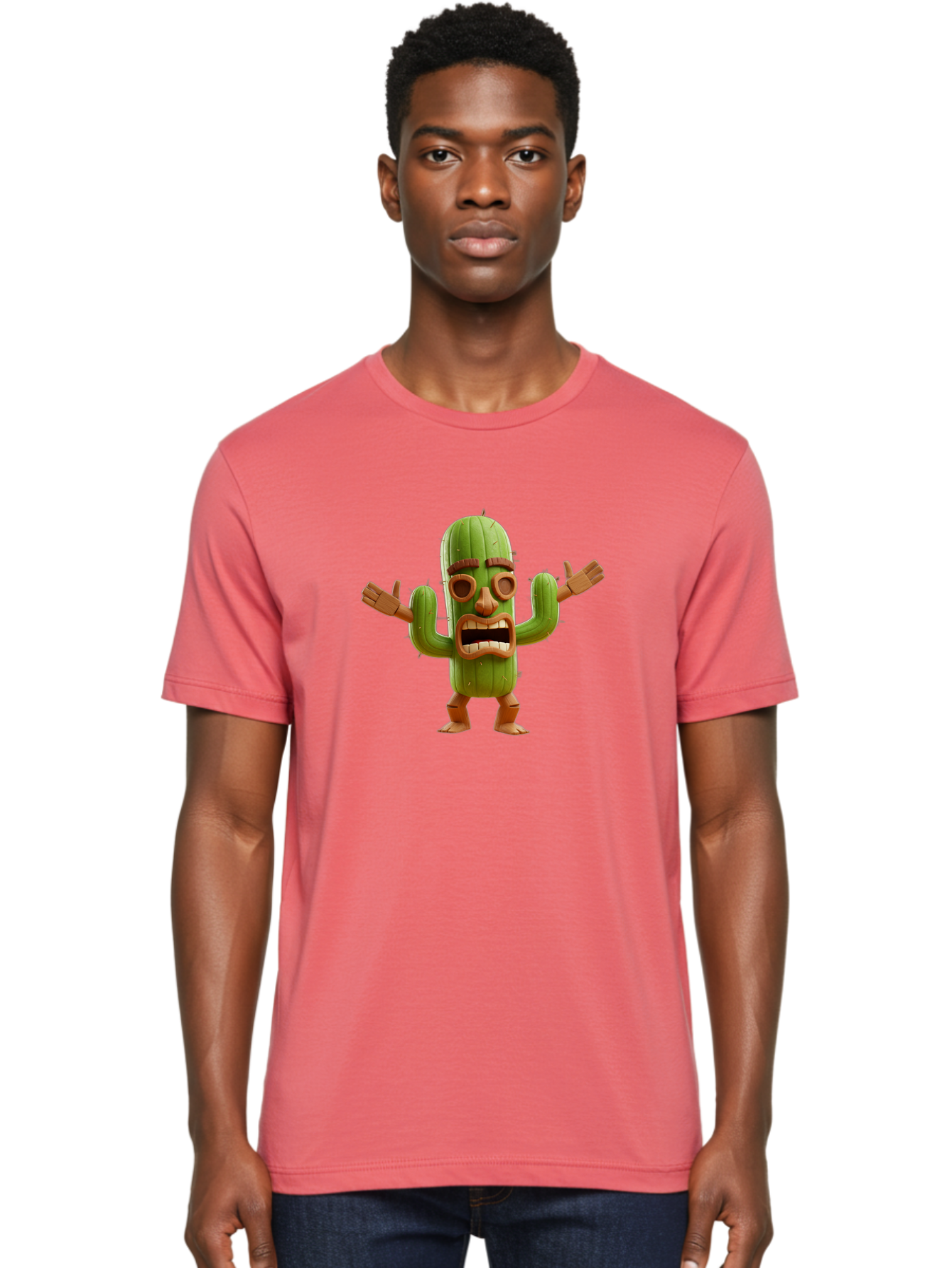 Cactus-Character-3 Men'S Graphic Tee, 100% Cotton, Comfortable Casual Summer Wear, Machine Washable, Cartoon Cactus, Character Design, Anthropomorphic Cactus, 3D Rendering, Cute Desert Plant, Comical Expression, Thumbs Up Gesture, Bac735