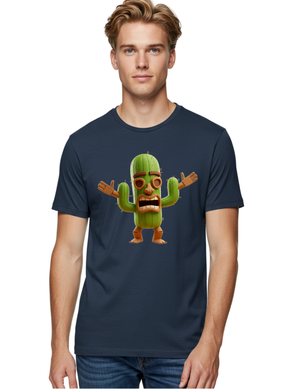 Cactus-Character-3 Men'S Graphic Tee, 100% Cotton, Comfortable Casual Summer Wear, Machine Washable, Cartoon Cactus, Character Design, Anthropomorphic Cactus, 3D Rendering, Cute Desert Plant, Comical Expression, Thumbs Up Gesture, Bac735