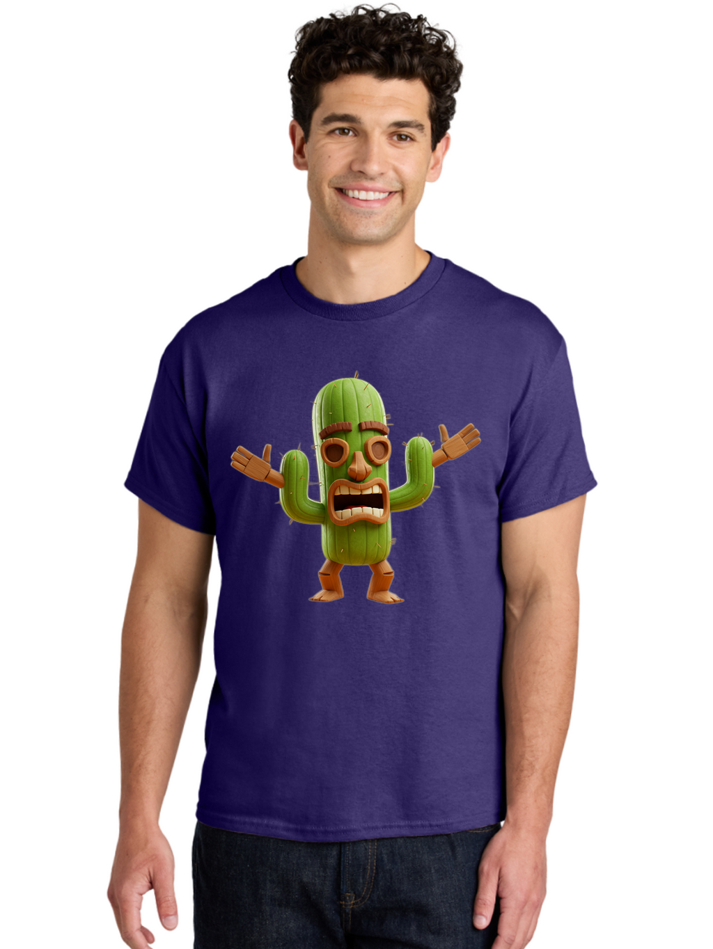 Cactus-Character-3 Men'S Graphic Tee, 100% Cotton, Comfortable Casual Summer Wear, Machine Washable, Cartoon Cactus, Character Design, Anthropomorphic Cactus, 3D Rendering, Cute Desert Plant, Comical Expression, Thumbs Up Gesture, Bac735