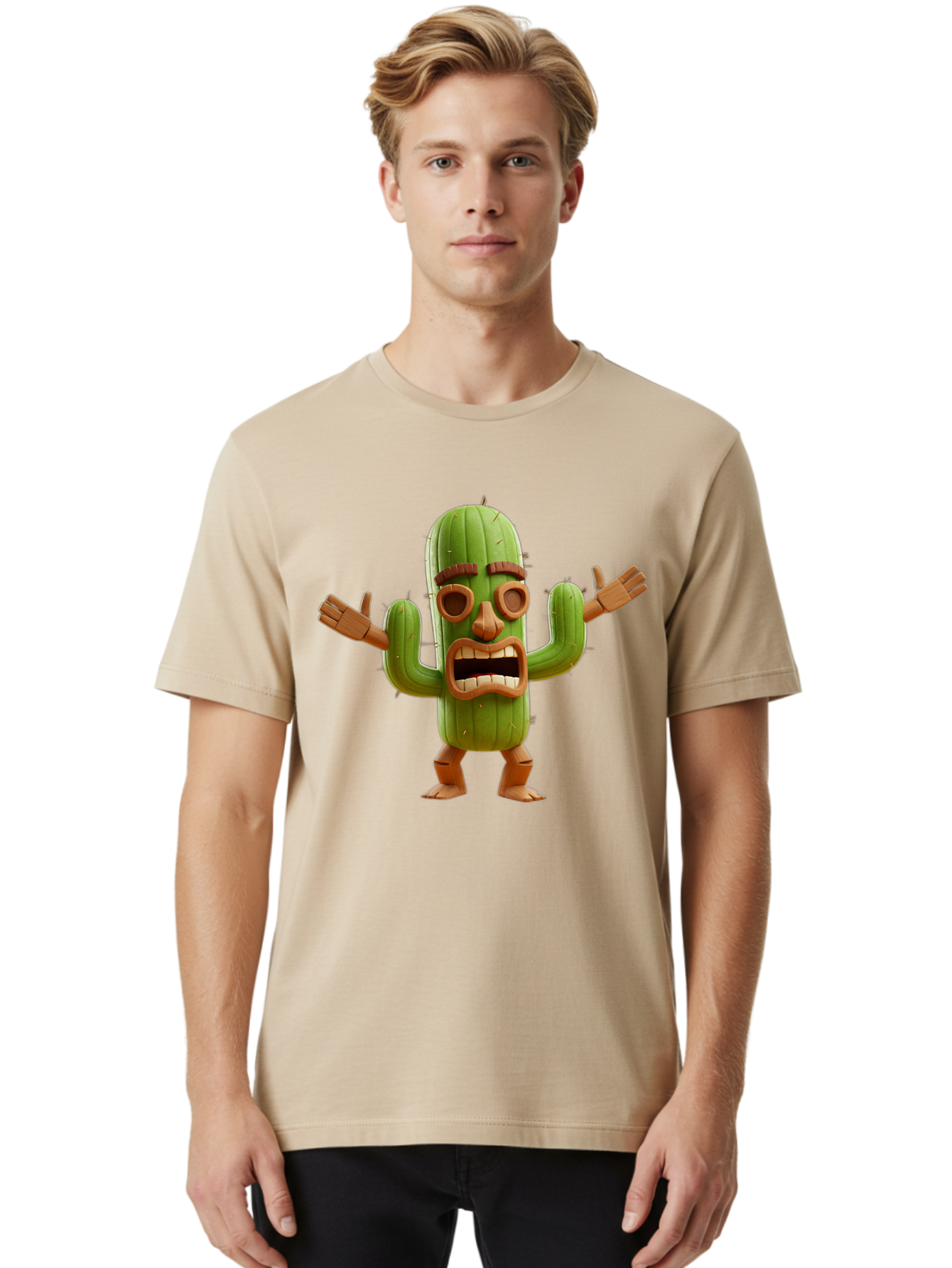Cactus-Character-3 Men'S Graphic Tee, 100% Cotton, Comfortable Casual Summer Wear, Machine Washable, Cartoon Cactus, Character Design, Anthropomorphic Cactus, 3D Rendering, Cute Desert Plant, Comical Expression, Thumbs Up Gesture, Bac735