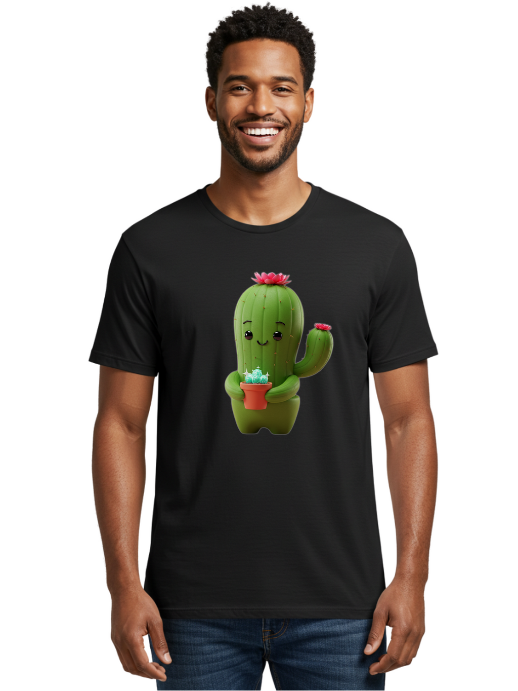 Cactus-Character Men'S Graphic Tee, 100% Cotton, Comfortable Casual Summer Wear, Machine Washable, Cartoon Cactus, Smiling Face, Holding Potted Plant, Cute Character, Green Cactus, Pink Flowers, Quirky Illustration, Fun Design, Playful Art Bac736