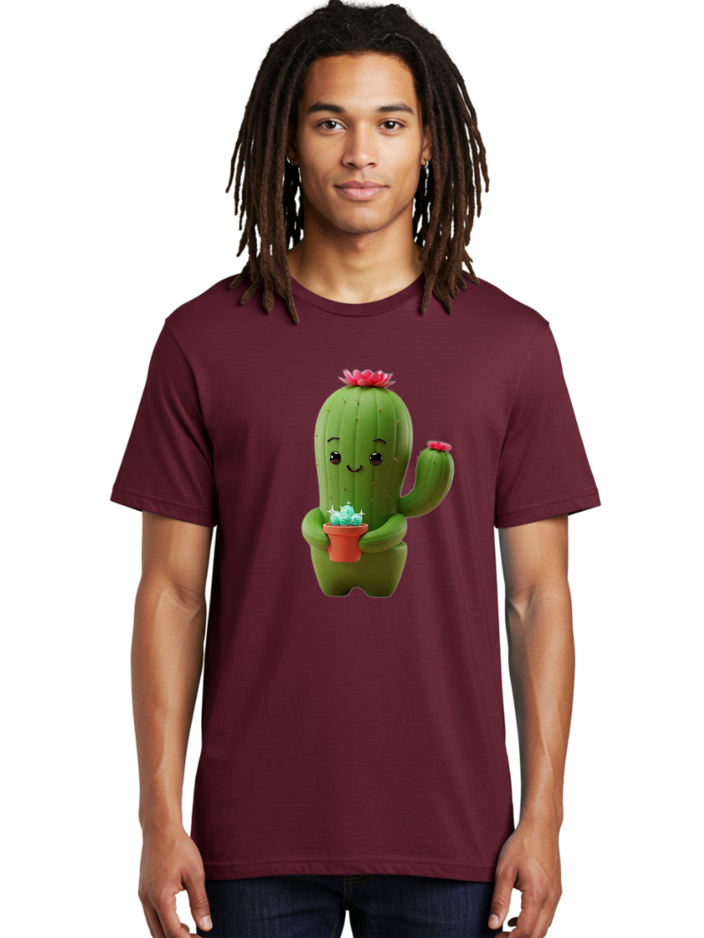 Cactus-Character Men'S Graphic Tee, 100% Cotton, Comfortable Casual Summer Wear, Machine Washable, Cartoon Cactus, Smiling Face, Holding Potted Plant, Cute Character, Green Cactus, Pink Flowers, Quirky Illustration, Fun Design, Playful Art Bac736