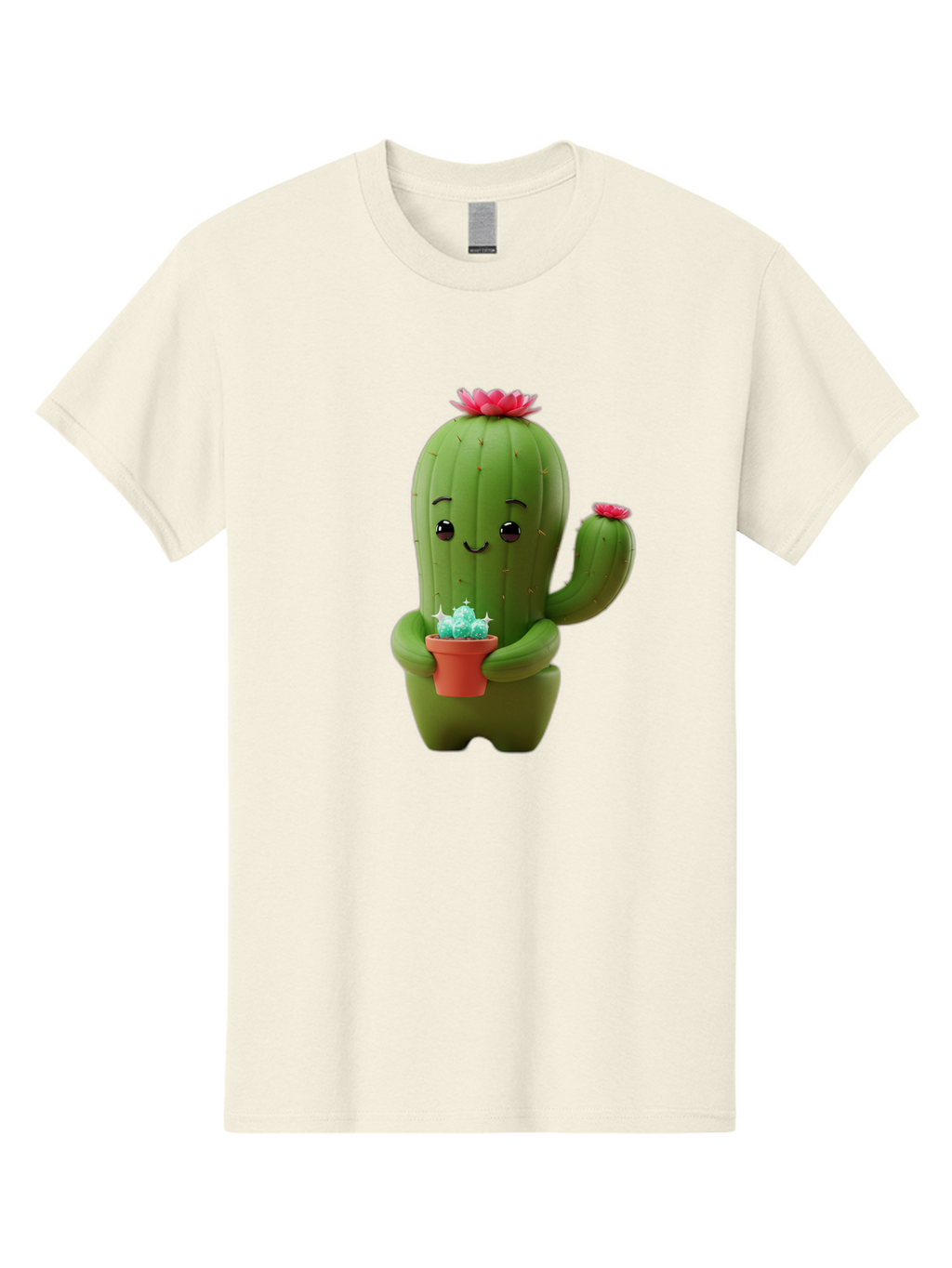 Cactus-Character Men'S Graphic Tee, 100% Cotton, Comfortable Casual Summer Wear, Machine Washable, Cartoon Cactus, Smiling Face, Holding Potted Plant, Cute Character, Green Cactus, Pink Flowers, Quirky Illustration, Fun Design, Playful Art Bac736