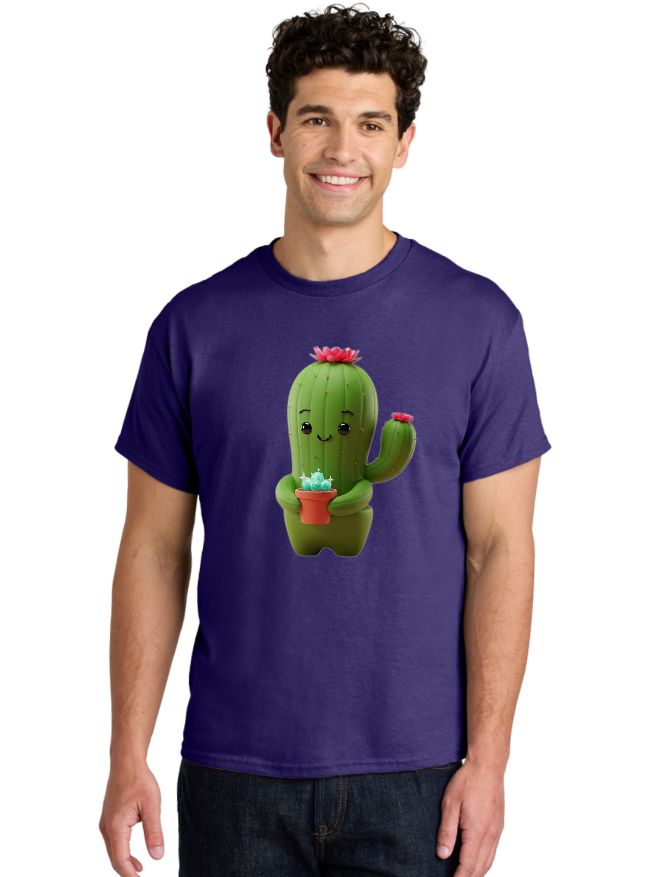 Cactus-Character Men'S Graphic Tee, 100% Cotton, Comfortable Casual Summer Wear, Machine Washable, Cartoon Cactus, Smiling Face, Holding Potted Plant, Cute Character, Green Cactus, Pink Flowers, Quirky Illustration, Fun Design, Playful Art Bac736