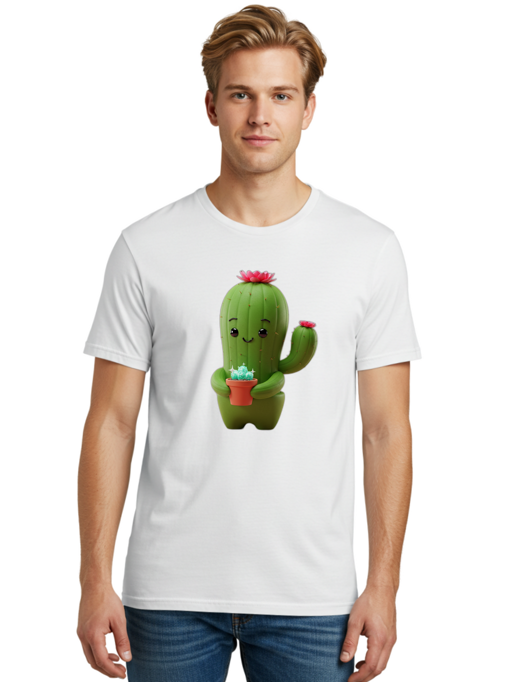 Cactus-Character Men'S Graphic Tee, 100% Cotton, Comfortable Casual Summer Wear, Machine Washable, Cartoon Cactus, Smiling Face, Holding Potted Plant, Cute Character, Green Cactus, Pink Flowers, Quirky Illustration, Fun Design, Playful Art Bac736