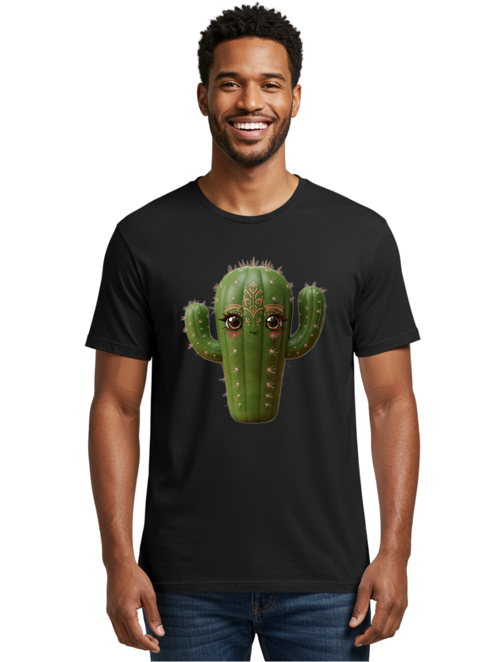 Cactus-Face Men'S Graphic Tee, 100% Cotton, Comfortable Casual Summer Wear, Machine Washable, Cactus Character, Anthropomorphic Cactus, Cartoon Cactus, Cactus With Eyes, Decorative Cactus, Whimsical Design, Floral Patterns, Desert Plant, Bac737