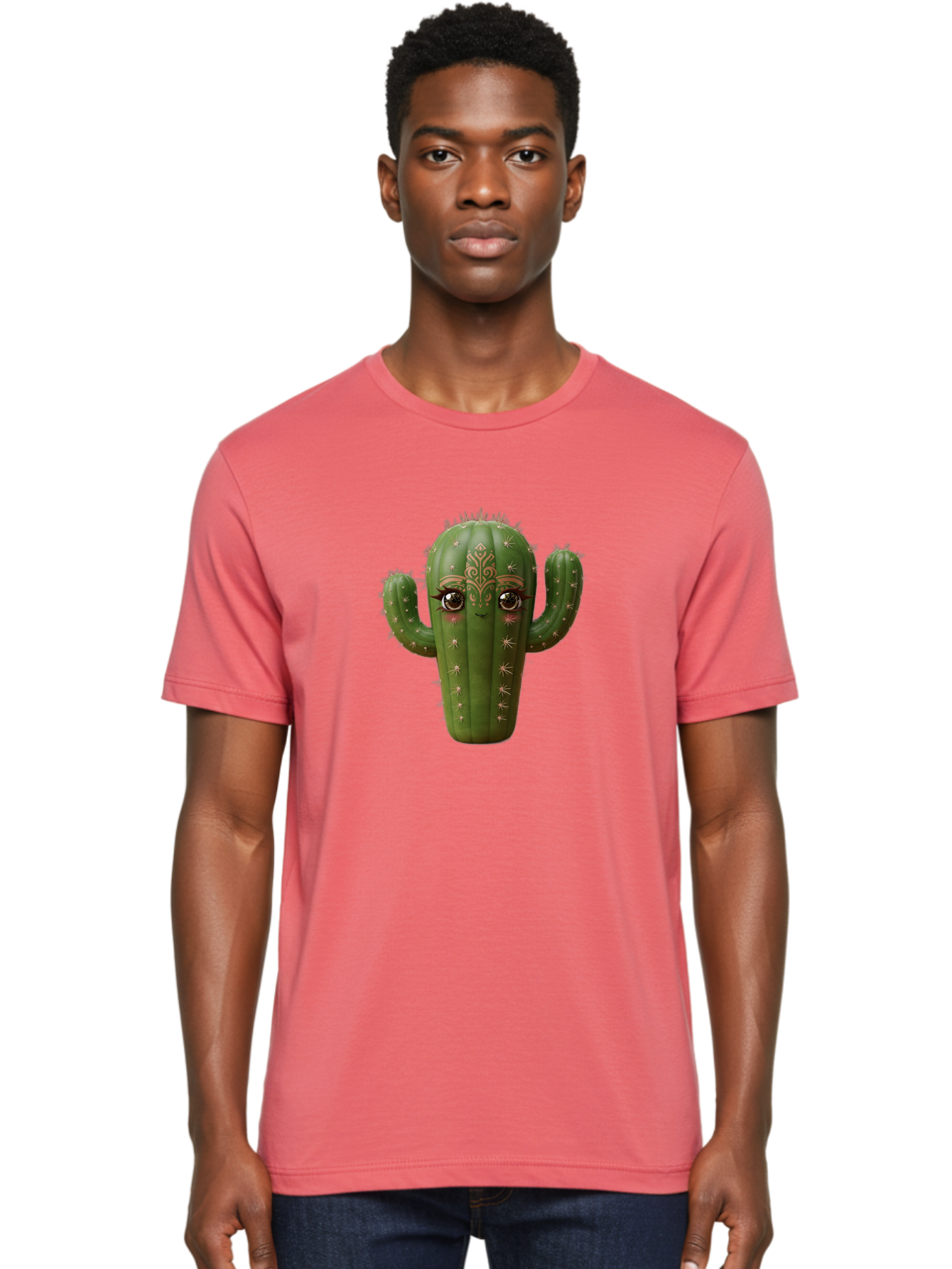 Cactus-Face Men'S Graphic Tee, 100% Cotton, Comfortable Casual Summer Wear, Machine Washable, Cactus Character, Anthropomorphic Cactus, Cartoon Cactus, Cactus With Eyes, Decorative Cactus, Whimsical Design, Floral Patterns, Desert Plant, Bac737