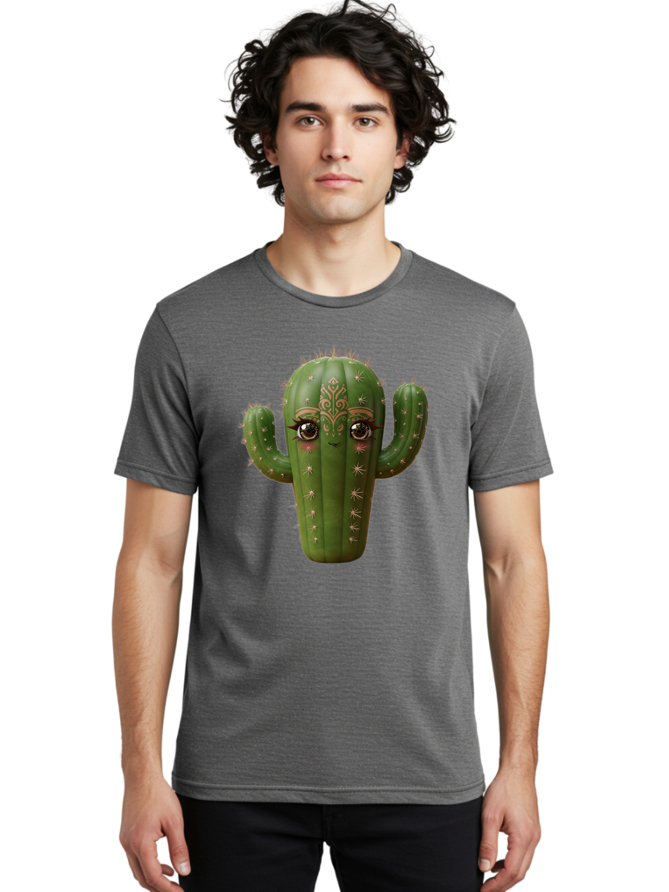 Cactus-Face Men'S Graphic Tee, 100% Cotton, Comfortable Casual Summer Wear, Machine Washable, Cactus Character, Anthropomorphic Cactus, Cartoon Cactus, Cactus With Eyes, Decorative Cactus, Whimsical Design, Floral Patterns, Desert Plant, Bac737