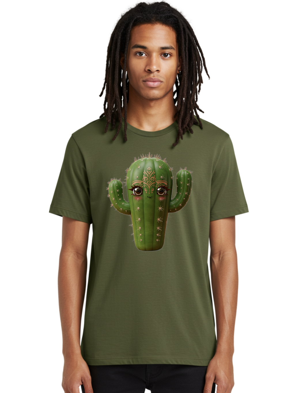 Cactus-Face Men'S Graphic Tee, 100% Cotton, Comfortable Casual Summer Wear, Machine Washable, Cactus Character, Anthropomorphic Cactus, Cartoon Cactus, Cactus With Eyes, Decorative Cactus, Whimsical Design, Floral Patterns, Desert Plant, Bac737