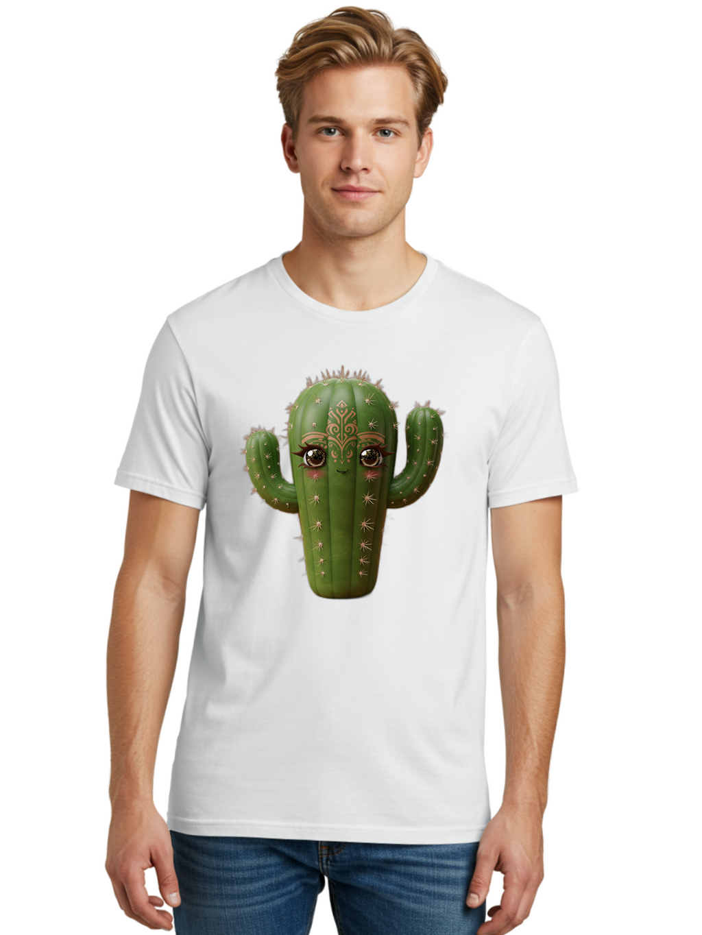 Cactus-Face Men'S Graphic Tee, 100% Cotton, Comfortable Casual Summer Wear, Machine Washable, Cactus Character, Anthropomorphic Cactus, Cartoon Cactus, Cactus With Eyes, Decorative Cactus, Whimsical Design, Floral Patterns, Desert Plant, Bac737