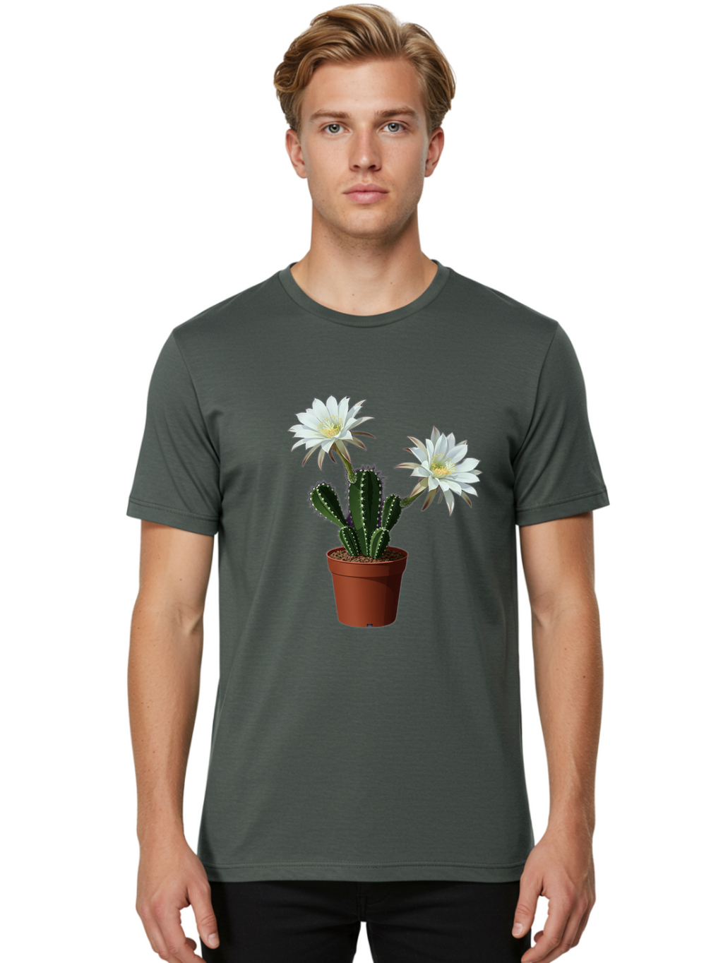 Cactus-Flowers-1 Men'S Graphic Tee, 100% Cotton, Comfortable Casual Summer Wear, Machine Washable, White Cactus Flowers, Cactus In Terracotta Pot, Desert Flora, Succulent Plants, Flowering Cacti, Indoor Plants, Potted Cactus, Blooming Cactus Bac738