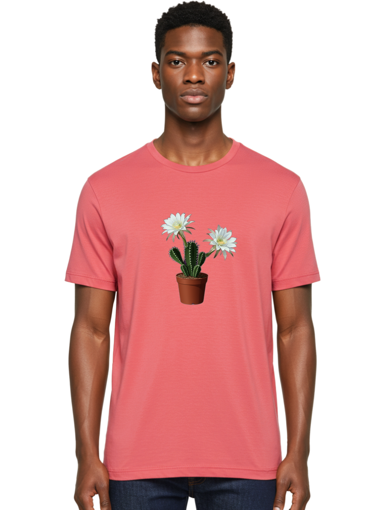 Cactus-Flowers-1 Men'S Graphic Tee, 100% Cotton, Comfortable Casual Summer Wear, Machine Washable, White Cactus Flowers, Cactus In Terracotta Pot, Desert Flora, Succulent Plants, Flowering Cacti, Indoor Plants, Potted Cactus, Blooming Cactus Bac738