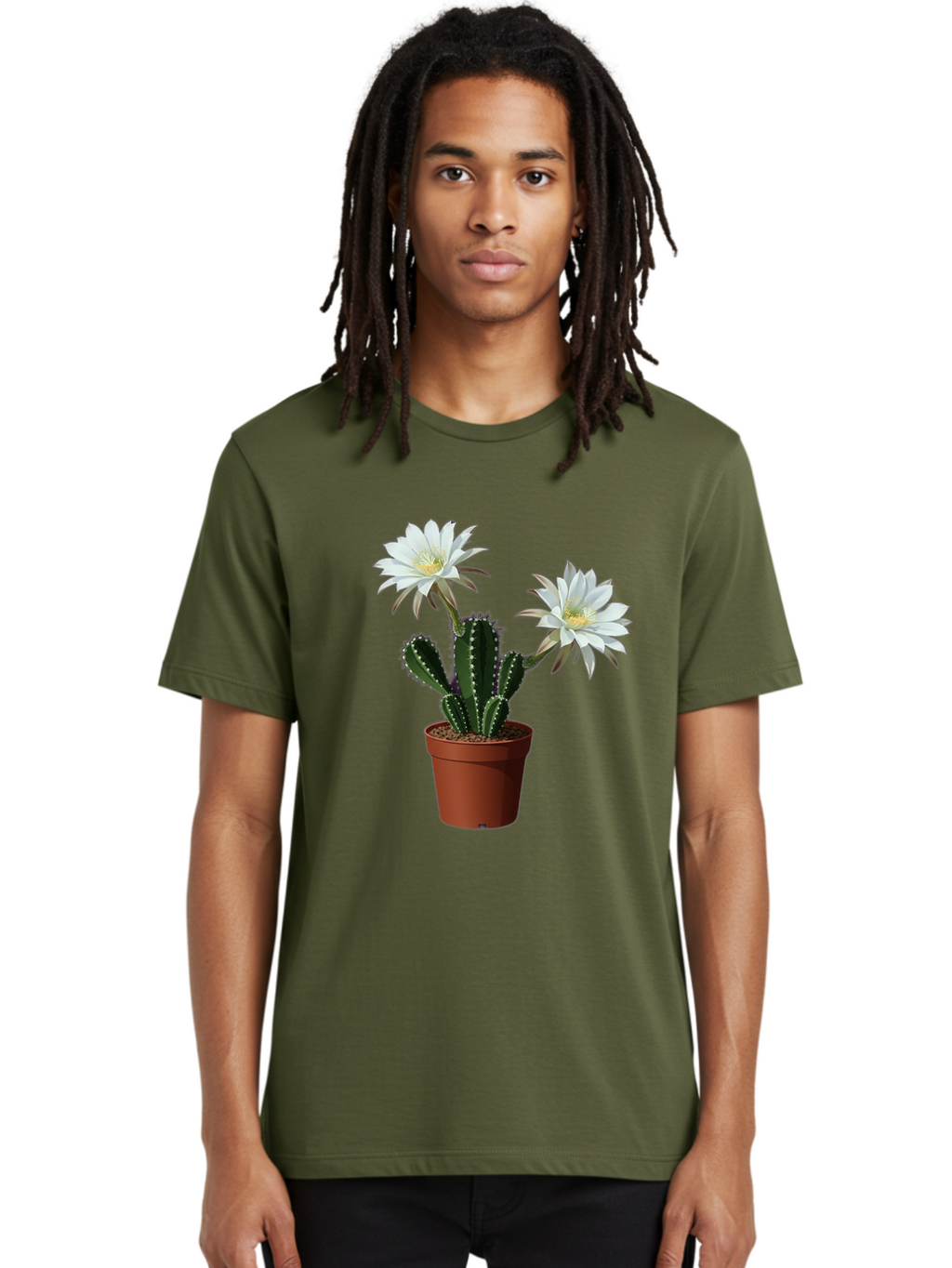 Cactus-Flowers-1 Men'S Graphic Tee, 100% Cotton, Comfortable Casual Summer Wear, Machine Washable, White Cactus Flowers, Cactus In Terracotta Pot, Desert Flora, Succulent Plants, Flowering Cacti, Indoor Plants, Potted Cactus, Blooming Cactus Bac738