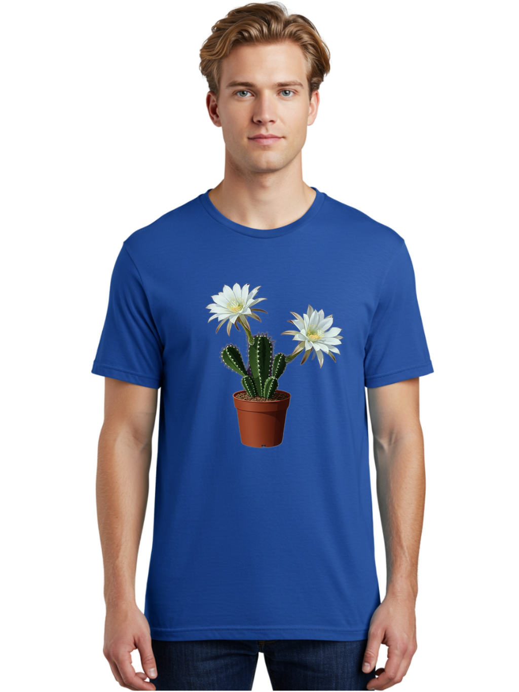 Cactus-Flowers-1 Men'S Graphic Tee, 100% Cotton, Comfortable Casual Summer Wear, Machine Washable, White Cactus Flowers, Cactus In Terracotta Pot, Desert Flora, Succulent Plants, Flowering Cacti, Indoor Plants, Potted Cactus, Blooming Cactus Bac738