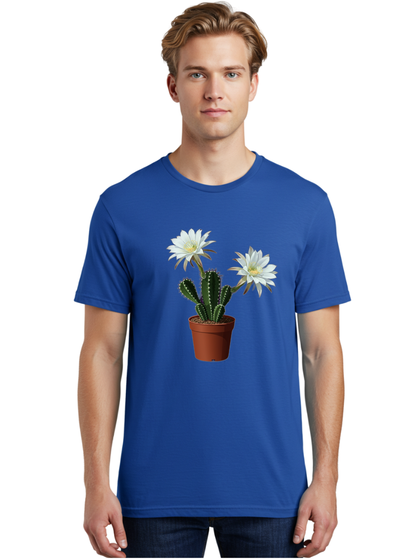 Cactus-Flowers-1 Men'S Graphic Tee, 100% Cotton, Comfortable Casual Summer Wear, Machine Washable, White Cactus Flowers, Cactus In Terracotta Pot, Desert Flora, Succulent Plants, Flowering Cacti, Indoor Plants, Potted Cactus, Blooming Cactus Bac738