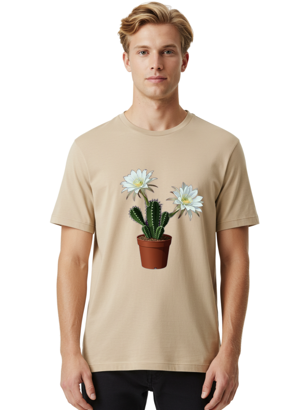 Cactus-Flowers-1 Men'S Graphic Tee, 100% Cotton, Comfortable Casual Summer Wear, Machine Washable, White Cactus Flowers, Cactus In Terracotta Pot, Desert Flora, Succulent Plants, Flowering Cacti, Indoor Plants, Potted Cactus, Blooming Cactus Bac738