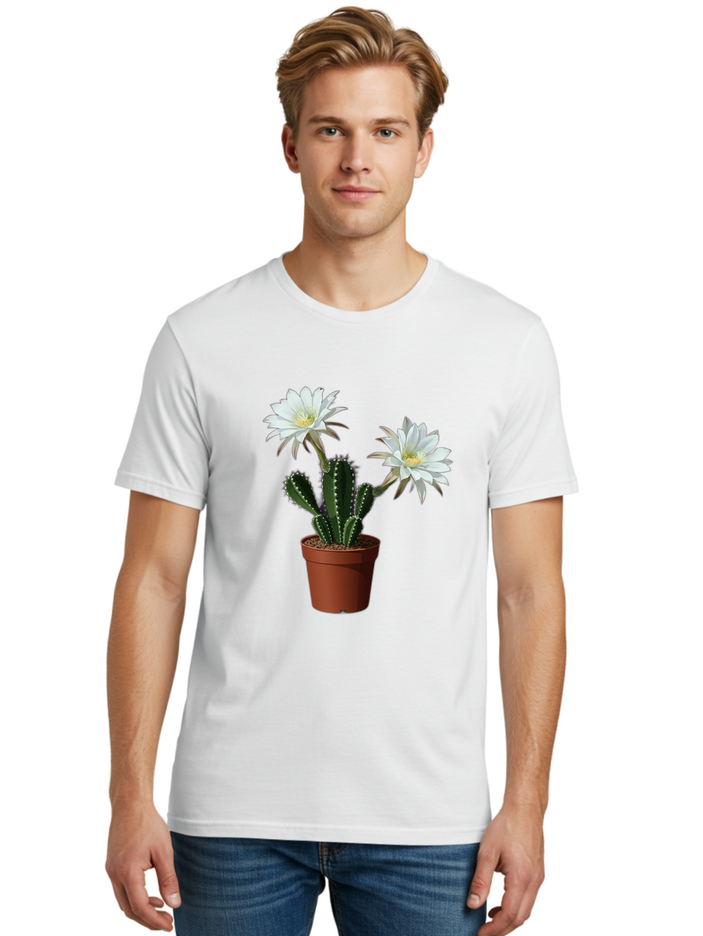 Cactus-Flowers-1 Men'S Graphic Tee, 100% Cotton, Comfortable Casual Summer Wear, Machine Washable, White Cactus Flowers, Cactus In Terracotta Pot, Desert Flora, Succulent Plants, Flowering Cacti, Indoor Plants, Potted Cactus, Blooming Cactus Bac738