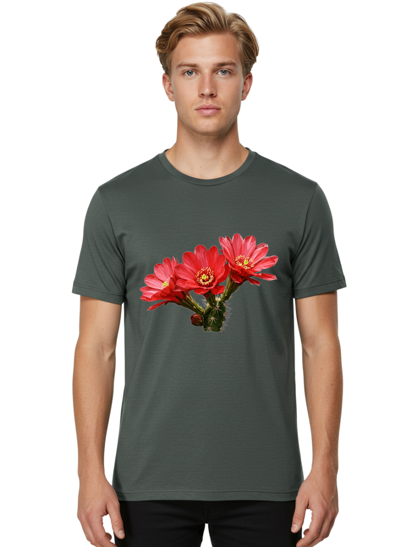 Cactus-Flowers Men'S Graphic Tee, 100% Cotton, Comfortable Casual Summer Wear, Machine Washable, Red Cactus Flowers, Vibrant Petals, Yellow Stamens, Thorny Cactus, Blooming Desert Plant, Exotic Beauty, Floral Arrangement, Cacti With Flowers Bac739