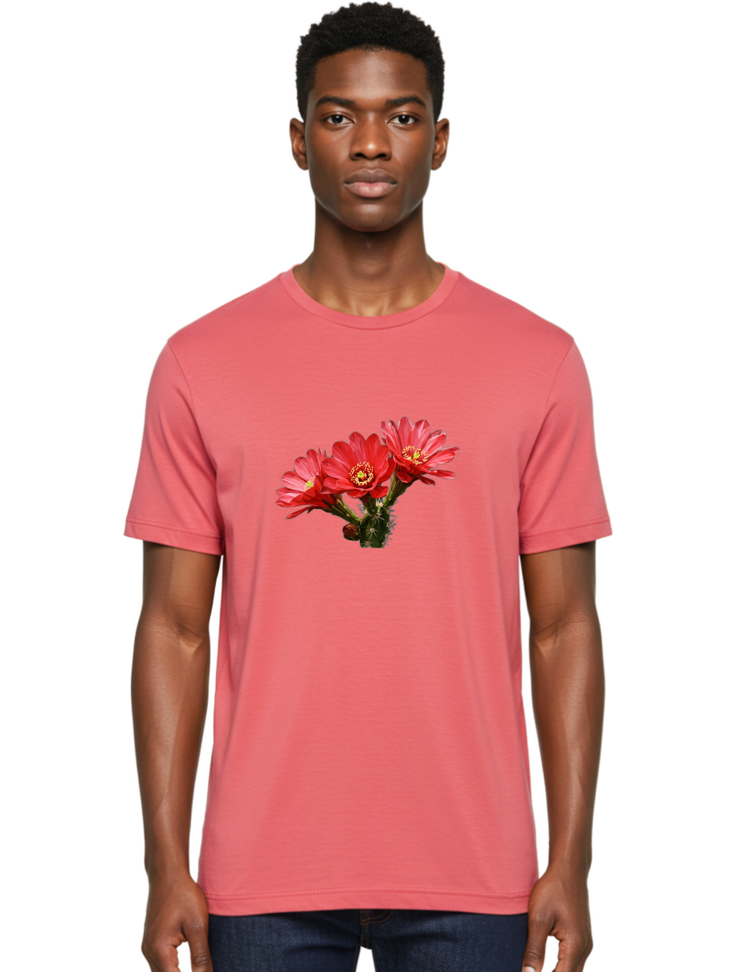 Cactus-Flowers Men'S Graphic Tee, 100% Cotton, Comfortable Casual Summer Wear, Machine Washable, Red Cactus Flowers, Vibrant Petals, Yellow Stamens, Thorny Cactus, Blooming Desert Plant, Exotic Beauty, Floral Arrangement, Cacti With Flowers Bac739