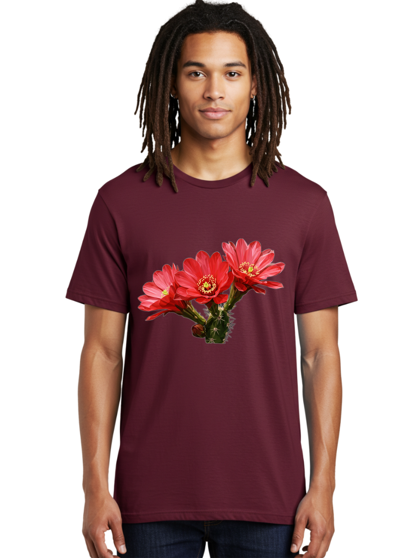Cactus-Flowers Men'S Graphic Tee, 100% Cotton, Comfortable Casual Summer Wear, Machine Washable, Red Cactus Flowers, Vibrant Petals, Yellow Stamens, Thorny Cactus, Blooming Desert Plant, Exotic Beauty, Floral Arrangement, Cacti With Flowers Bac739