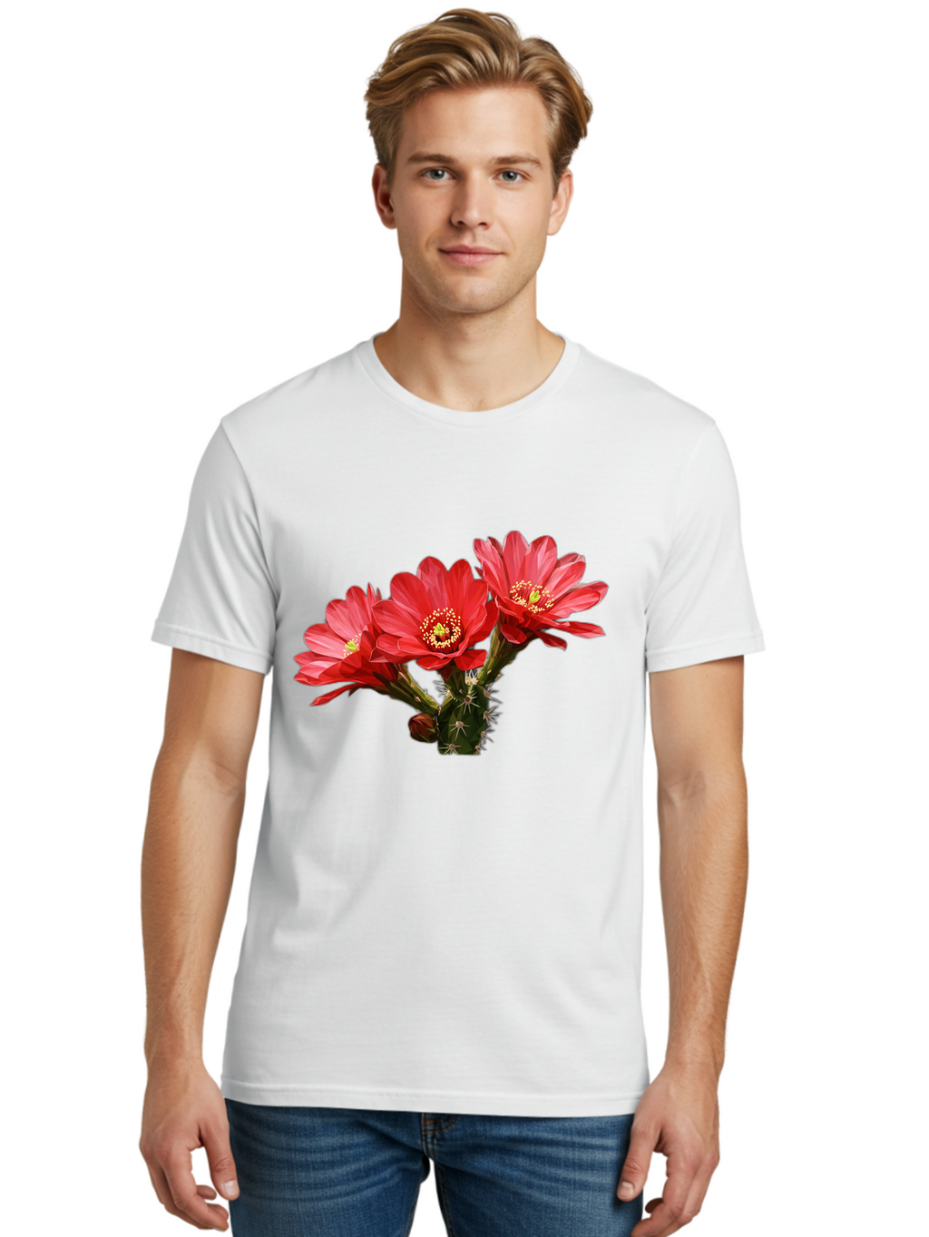 Cactus-Flowers Men'S Graphic Tee, 100% Cotton, Comfortable Casual Summer Wear, Machine Washable, Red Cactus Flowers, Vibrant Petals, Yellow Stamens, Thorny Cactus, Blooming Desert Plant, Exotic Beauty, Floral Arrangement, Cacti With Flowers Bac739