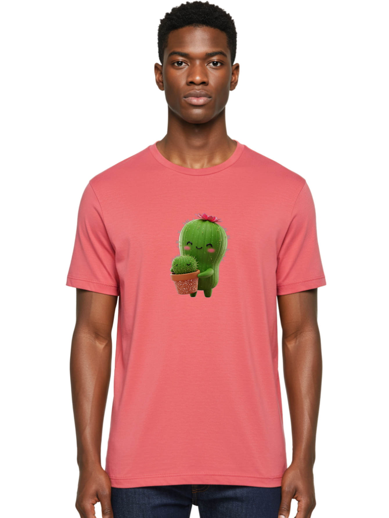 Cactus-Friends-1 Men'S Graphic Tee, 100% Cotton, Comfortable Casual Summer Wear, Machine Washable, Cute Cactus, Cartoon Cacti, Smiling Cactus, Cactus With Flower, Adorable Plants, Potted Cactus, Friendly Desert Plants, Kawaii Cactus, Bac740