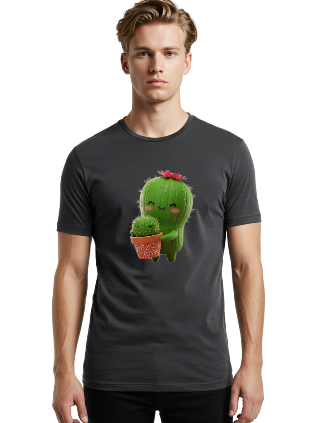 Cactus-Friends-1 Men'S Graphic Tee, 100% Cotton, Comfortable Casual Summer Wear, Machine Washable, Cute Cactus, Cartoon Cacti, Smiling Cactus, Cactus With Flower, Adorable Plants, Potted Cactus, Friendly Desert Plants, Kawaii Cactus, Bac740