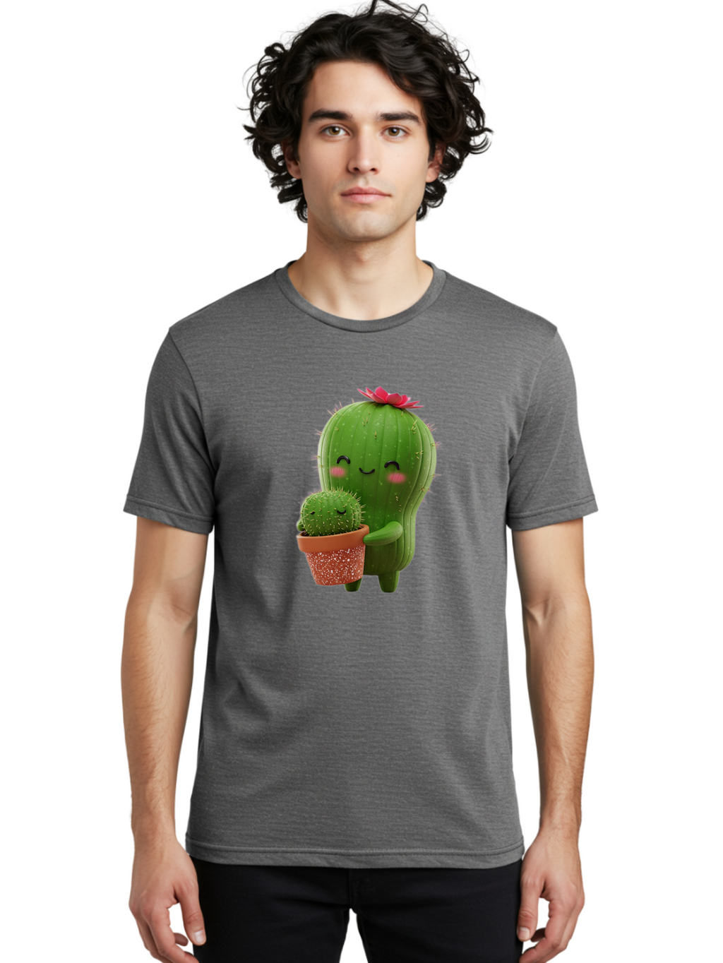 Cactus-Friends-1 Men'S Graphic Tee, 100% Cotton, Comfortable Casual Summer Wear, Machine Washable, Cute Cactus, Cartoon Cacti, Smiling Cactus, Cactus With Flower, Adorable Plants, Potted Cactus, Friendly Desert Plants, Kawaii Cactus, Bac740
