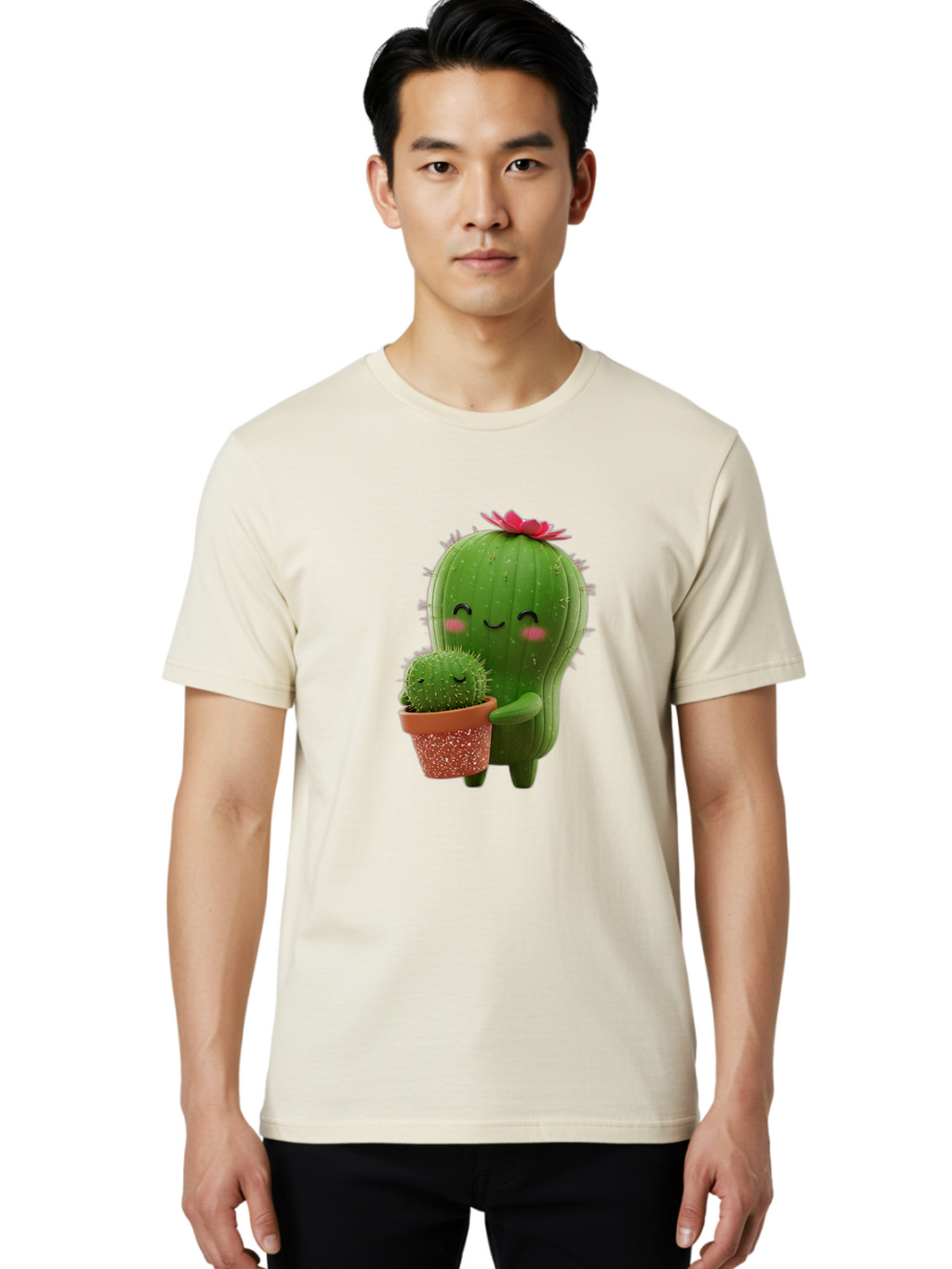 Cactus-Friends-1 Men'S Graphic Tee, 100% Cotton, Comfortable Casual Summer Wear, Machine Washable, Cute Cactus, Cartoon Cacti, Smiling Cactus, Cactus With Flower, Adorable Plants, Potted Cactus, Friendly Desert Plants, Kawaii Cactus, Bac740