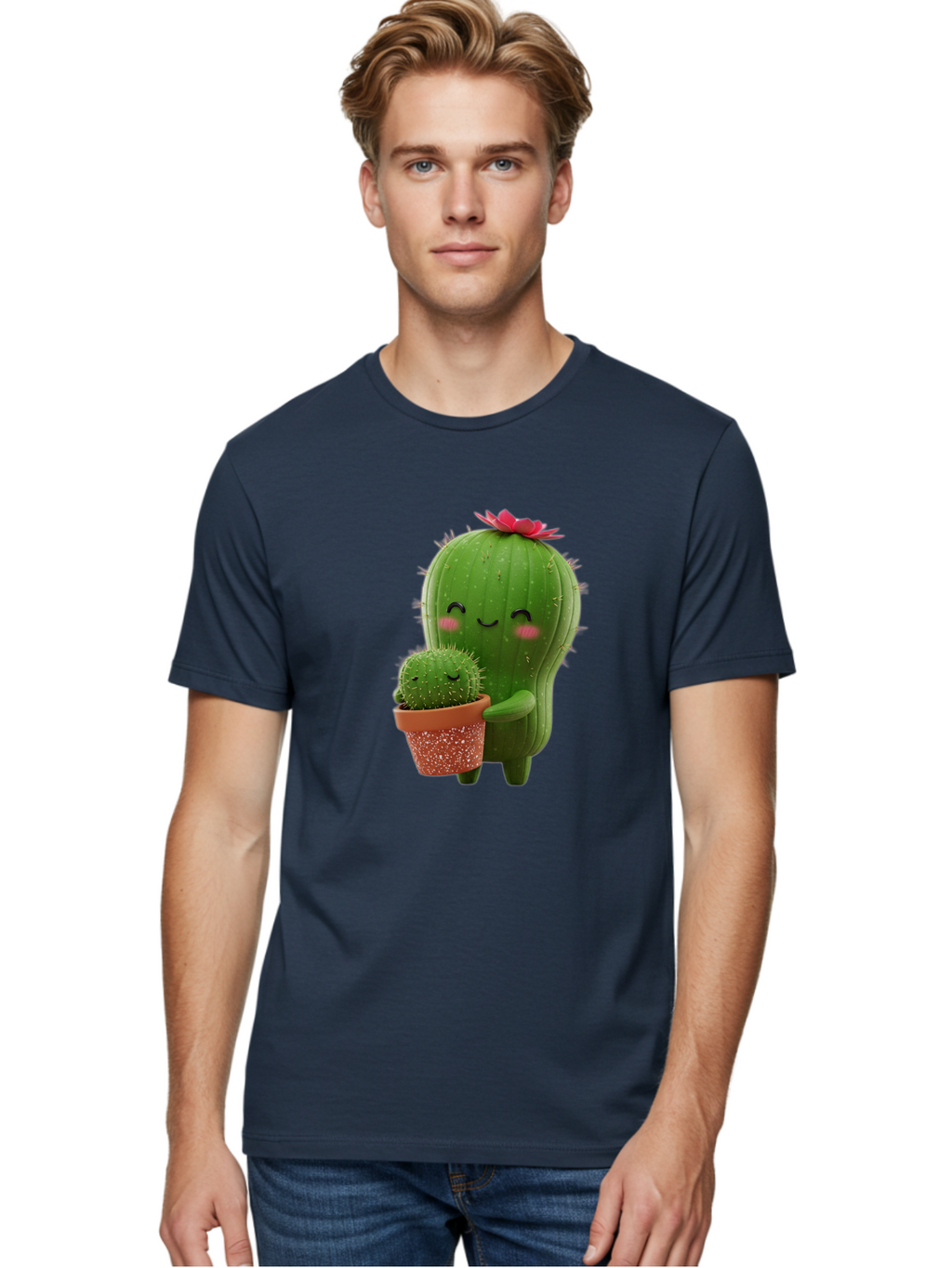 Cactus-Friends-1 Men'S Graphic Tee, 100% Cotton, Comfortable Casual Summer Wear, Machine Washable, Cute Cactus, Cartoon Cacti, Smiling Cactus, Cactus With Flower, Adorable Plants, Potted Cactus, Friendly Desert Plants, Kawaii Cactus, Bac740