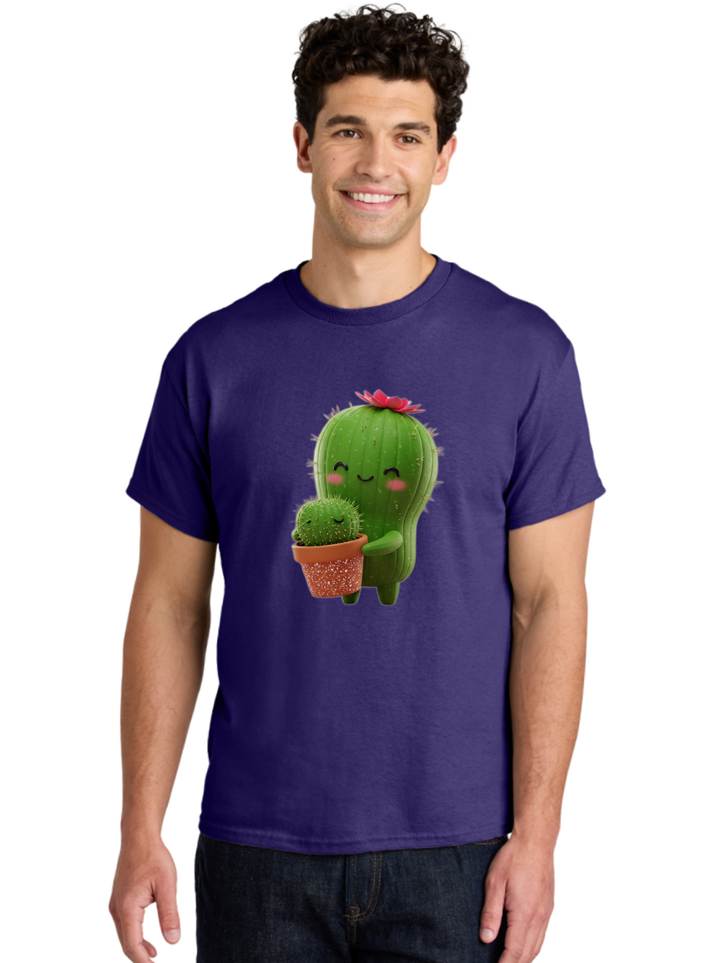 Cactus-Friends-1 Men'S Graphic Tee, 100% Cotton, Comfortable Casual Summer Wear, Machine Washable, Cute Cactus, Cartoon Cacti, Smiling Cactus, Cactus With Flower, Adorable Plants, Potted Cactus, Friendly Desert Plants, Kawaii Cactus, Bac740