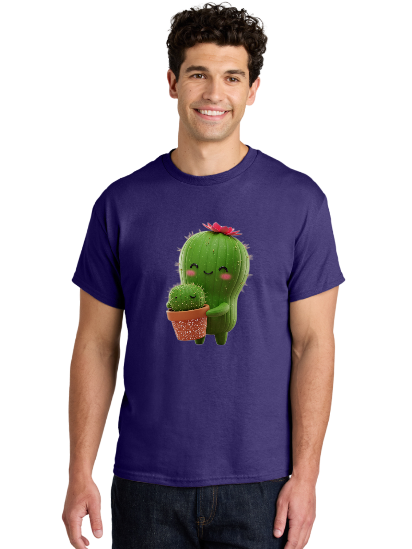 Cactus-Friends-1 Men'S Graphic Tee, 100% Cotton, Comfortable Casual Summer Wear, Machine Washable, Cute Cactus, Cartoon Cacti, Smiling Cactus, Cactus With Flower, Adorable Plants, Potted Cactus, Friendly Desert Plants, Kawaii Cactus, Bac740