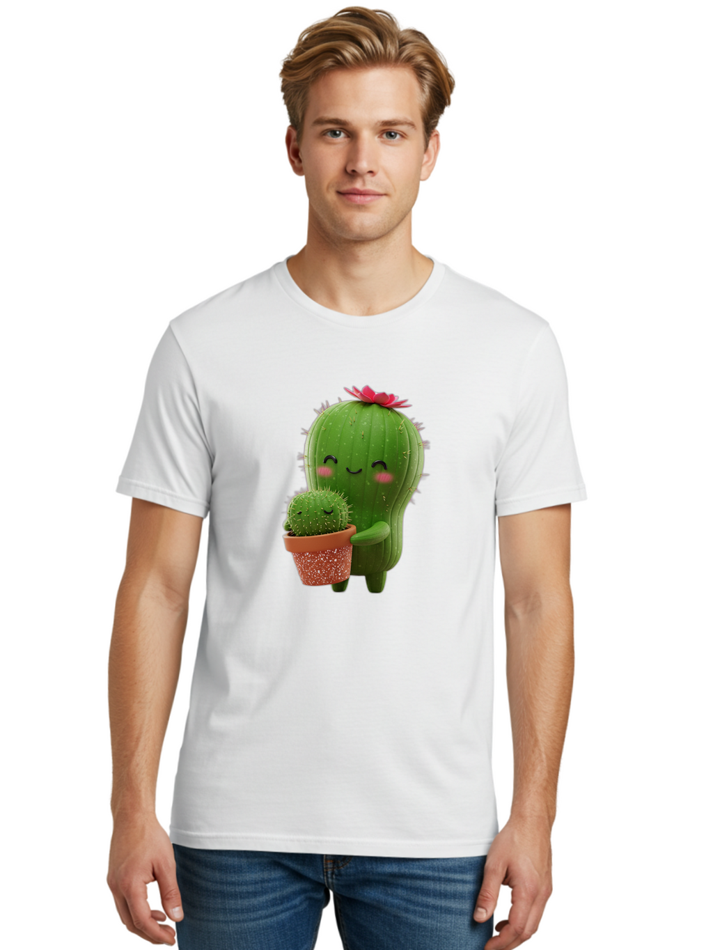 Cactus-Friends-1 Men'S Graphic Tee, 100% Cotton, Comfortable Casual Summer Wear, Machine Washable, Cute Cactus, Cartoon Cacti, Smiling Cactus, Cactus With Flower, Adorable Plants, Potted Cactus, Friendly Desert Plants, Kawaii Cactus, Bac740