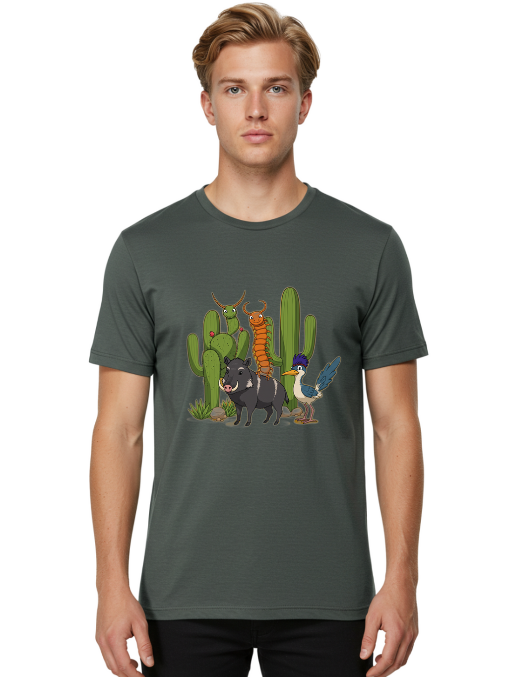 Cactus-Friends Men'S Graphic Tee, 100% Cotton, Comfortable Casual Summer Wear, Machine Washable, Desert Wildlife, Cactus Plants, Cartoon Animals, Pig, Bird, Insects, Funny Creatures, 2D Illustration, Arid Landscape, Vibrant Colors, Bac741