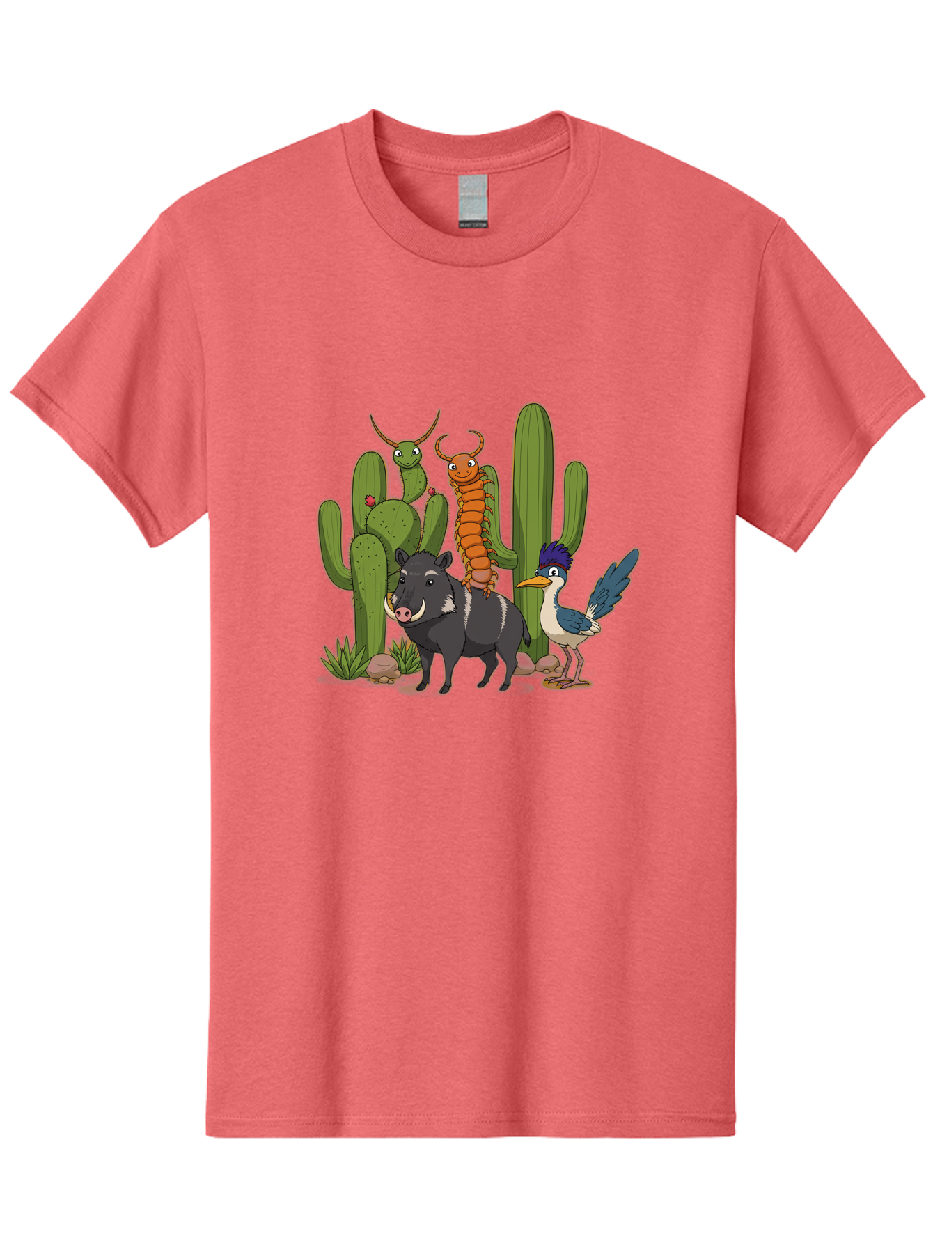 Cactus-Friends Men'S Graphic Tee, 100% Cotton, Comfortable Casual Summer Wear, Machine Washable, Desert Wildlife, Cactus Plants, Cartoon Animals, Pig, Bird, Insects, Funny Creatures, 2D Illustration, Arid Landscape, Vibrant Colors, Bac741