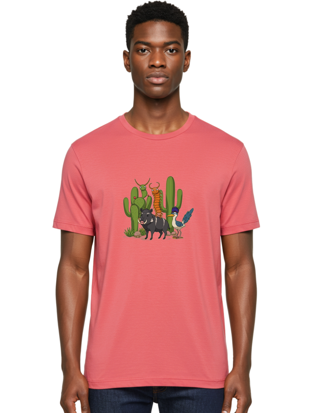 Cactus-Friends Men'S Graphic Tee, 100% Cotton, Comfortable Casual Summer Wear, Machine Washable, Desert Wildlife, Cactus Plants, Cartoon Animals, Pig, Bird, Insects, Funny Creatures, 2D Illustration, Arid Landscape, Vibrant Colors, Bac741