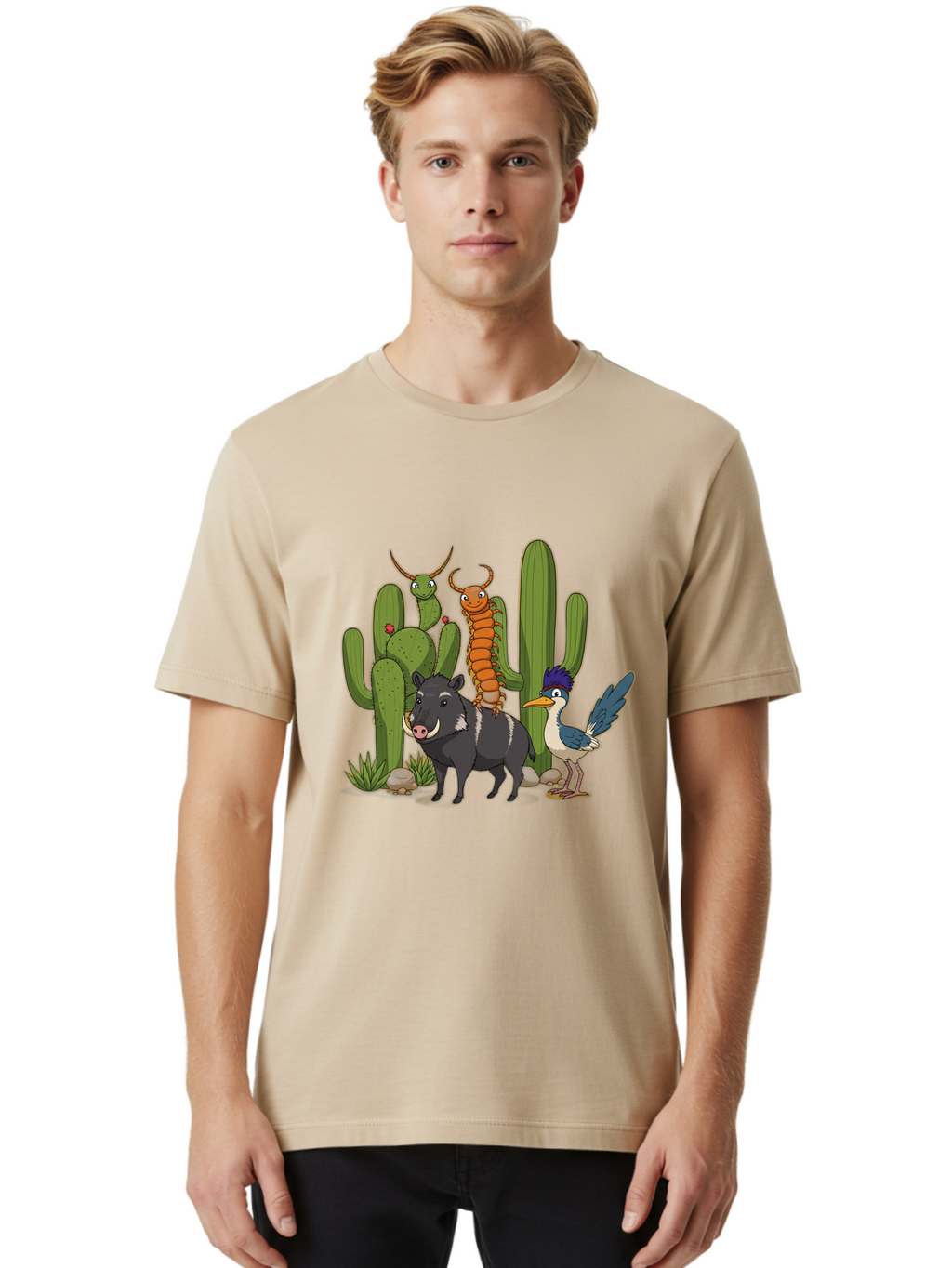 Cactus-Friends Men'S Graphic Tee, 100% Cotton, Comfortable Casual Summer Wear, Machine Washable, Desert Wildlife, Cactus Plants, Cartoon Animals, Pig, Bird, Insects, Funny Creatures, 2D Illustration, Arid Landscape, Vibrant Colors, Bac741