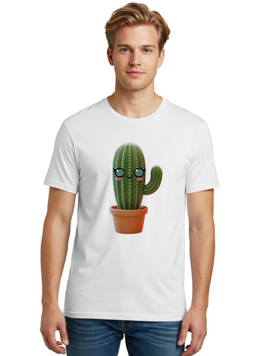 Cactus-Girl Men'S Graphic Tee, 100% Cotton, Comfortable Casual Summer Wear, Machine Washable, Cartoon Cactus, Potted Plant, Kawaii Character, Cacti, Succulent, Digital Art, Quirky Design, Cute Illustration, Fun Home Decor Bac742