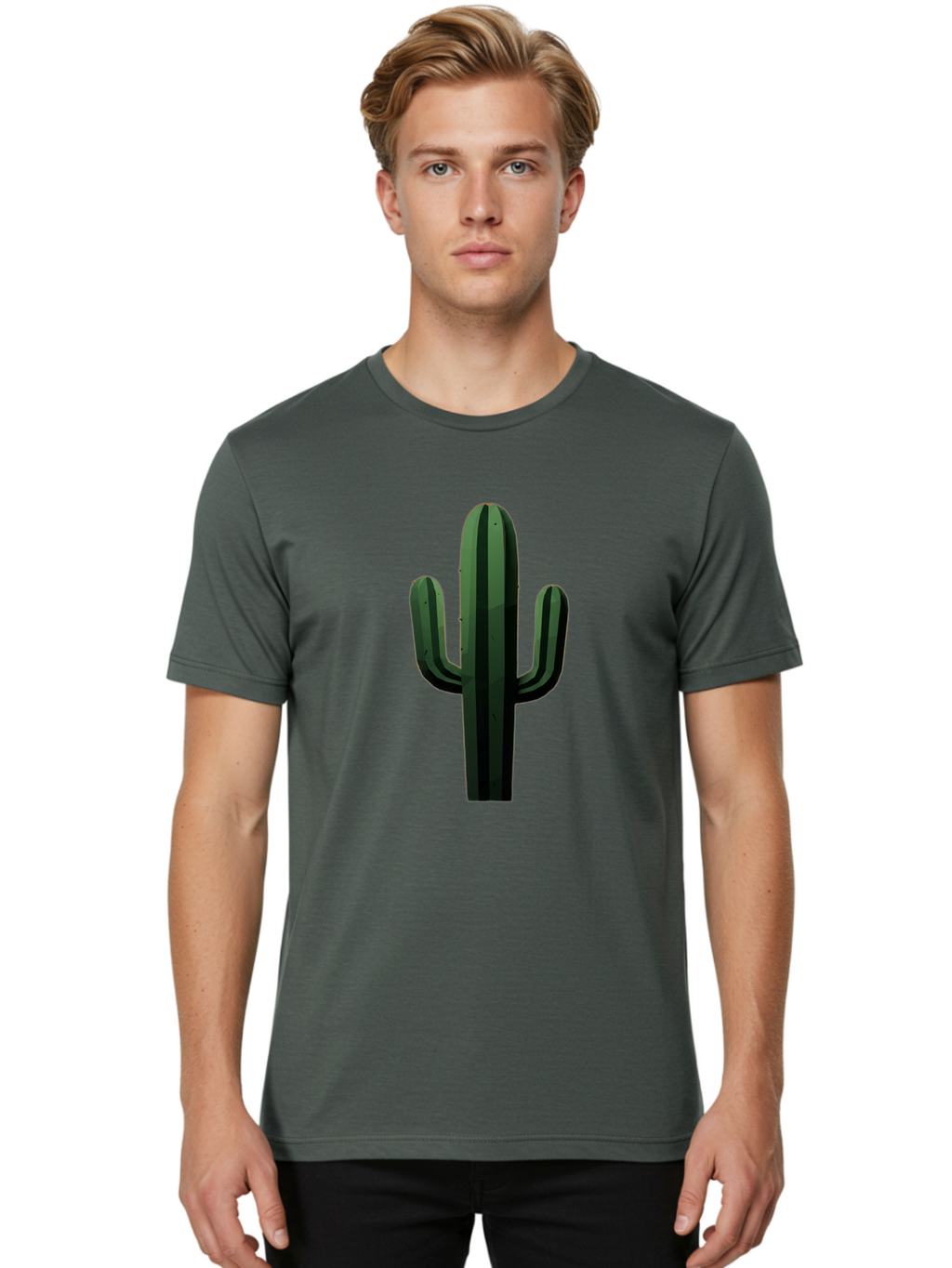 Cactus-Illustration Men'S Graphic Tee, 100% Cotton, Comfortable Casual Summer Wear, Machine Washable, Saguaro Cactus, Desert Plant, Cactus Illustration, Cartoon Cactus, Green Cactus, Simple Design, Minimalist Art Bac743