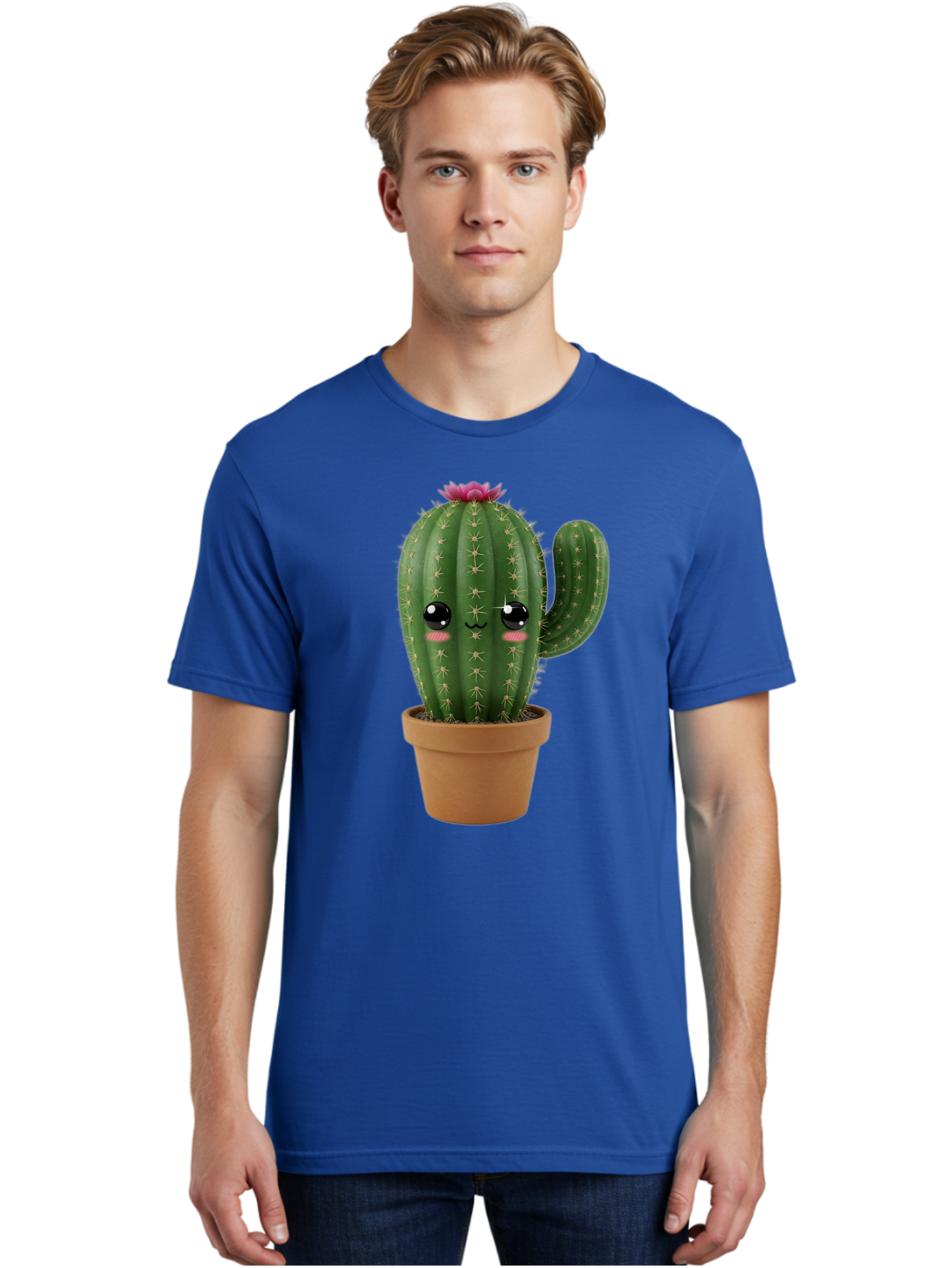 Cactus-In-Pot-1 Men'S Graphic Tee, 100% Cotton, Comfortable Casual Summer Wear, Machine Washable, Cute Cactus, Cartoon Character, Potted Plant, Desert Flora, Green Cactus, Kawaii Design, Adorable Face, Spiky Texture, Terracotta Pot, Bac744