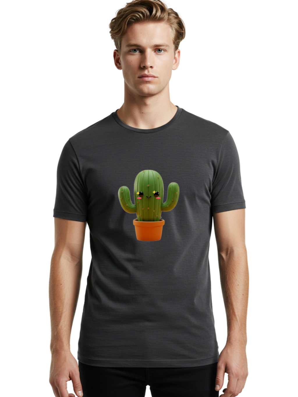 Cactus-In-Pot-2 Men'S Graphic Tee, 100% Cotton, Comfortable Casual Summer Wear, Machine Washable, Cartoon Cactus, Kawaii Cactus, Cactus In Pot, Cute Desert Plant, Funny Face, Quirky Character, Yellow Stars, Rosy Cheeks, Digital Art, Fun Design Bac745