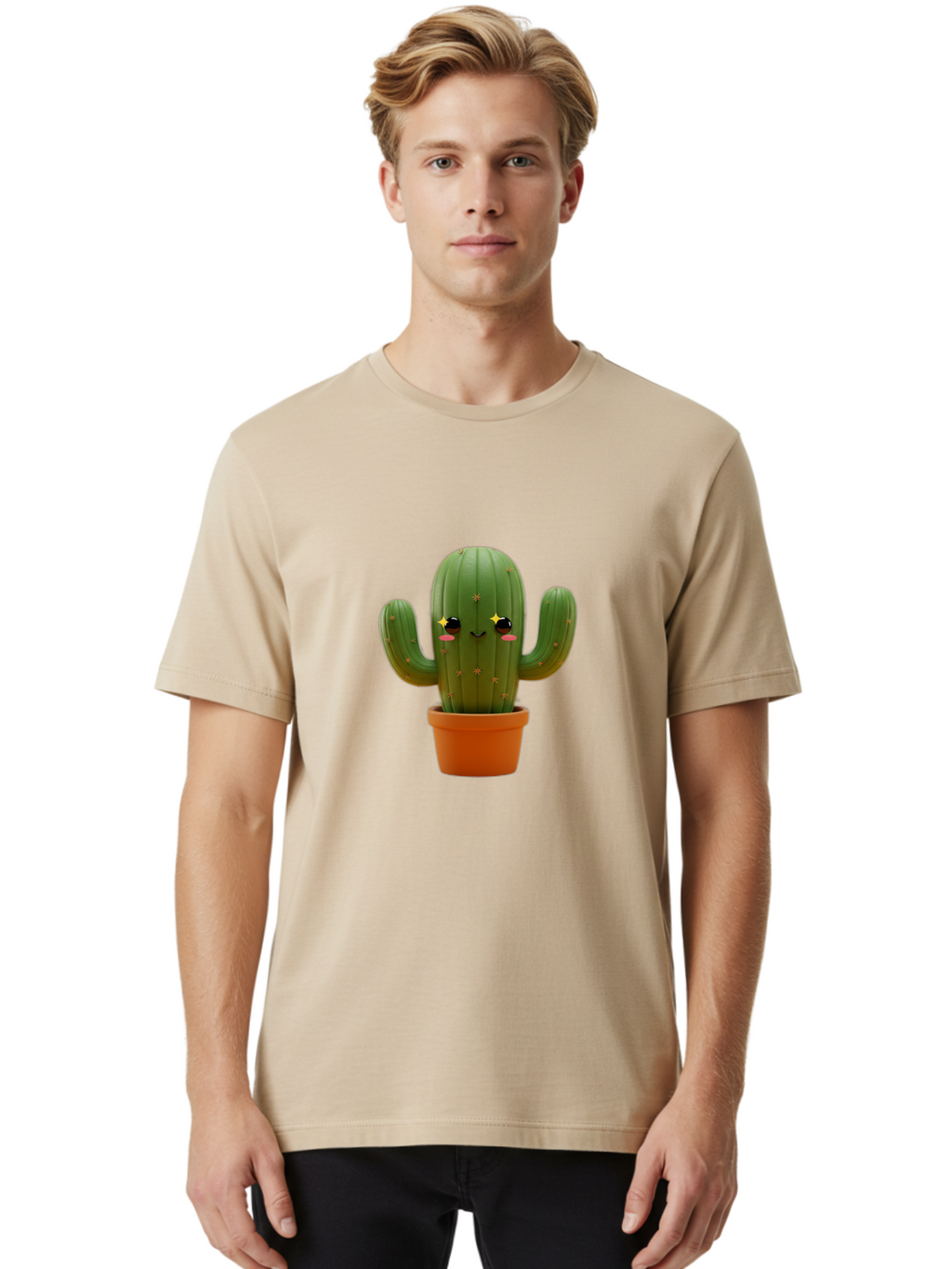 Cactus-In-Pot-2 Men'S Graphic Tee, 100% Cotton, Comfortable Casual Summer Wear, Machine Washable, Cartoon Cactus, Kawaii Cactus, Cactus In Pot, Cute Desert Plant, Funny Face, Quirky Character, Yellow Stars, Rosy Cheeks, Digital Art, Fun Design Bac745